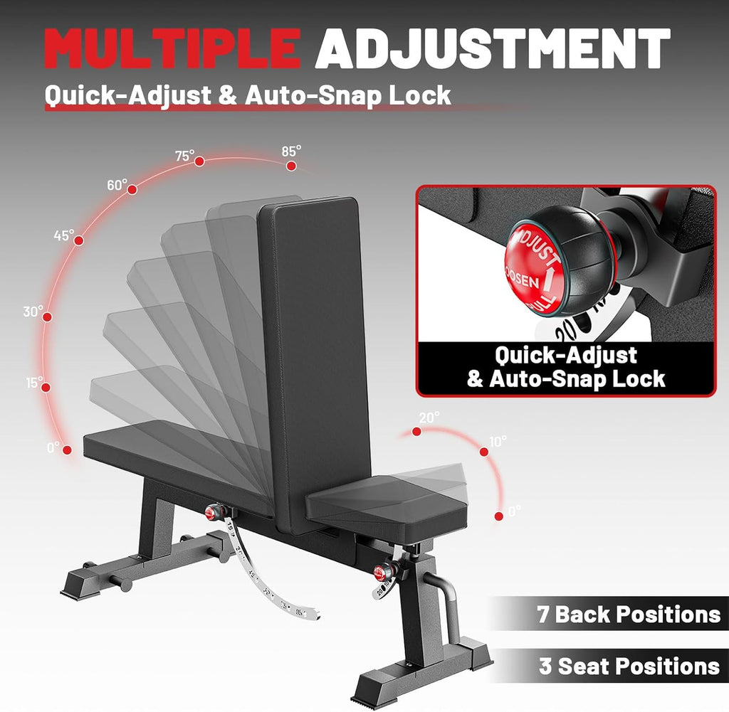 PAPABABE Adjustable Weight Bench with Weight Set, Heavy-Duty Workout Bench with Two-Way Angle Adjustment, Comfortable Extended & Easy-to-Clean Backrest, Transport Wheels & Easy Mobility for Home Gym