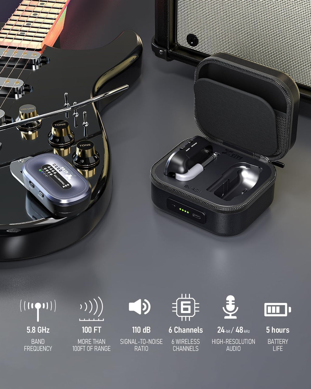 Xvive AC58 Wireless Guitar System 5.8GHz, A58 Guitar Wireless System with Charging Case for Active or Passive Pickup Electric/Acoustic Bass Guitar
