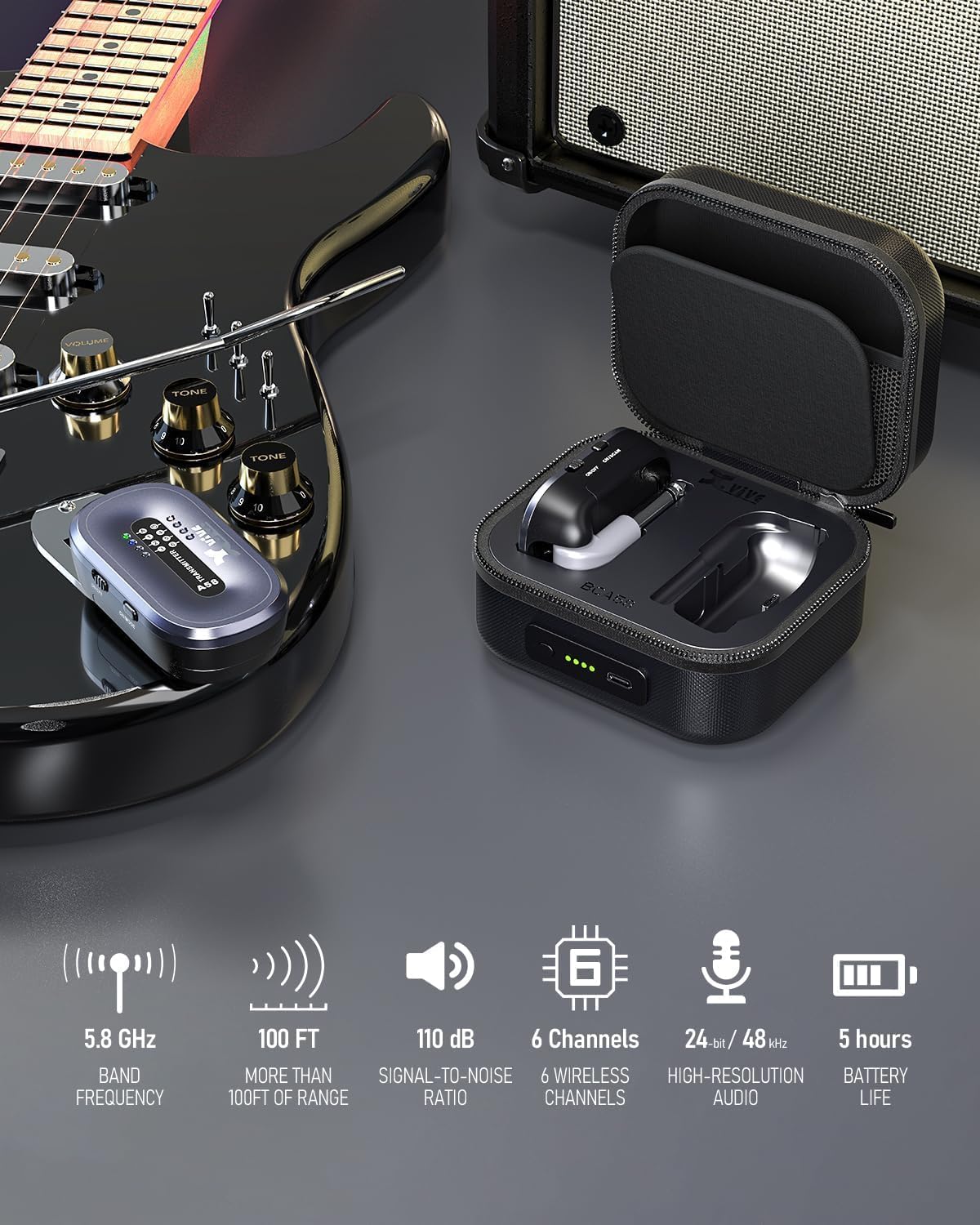 Xvive AC58 Wireless Guitar System 5.8GHz, A58 Guitar Wireless System with Charging Case for Active or Passive Pickup Electric/Acoustic Bass Guitar