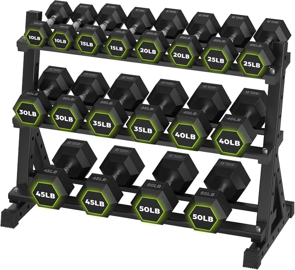 HANDBODE Hex Dumbbell Set with Rack, 300-840 lb Rubber Coated Fixed Weights Sets with Heavy Duty Storage Stand, Hexagon Shape, Multiple Weight Options Home Gym Equipment for Strength Training