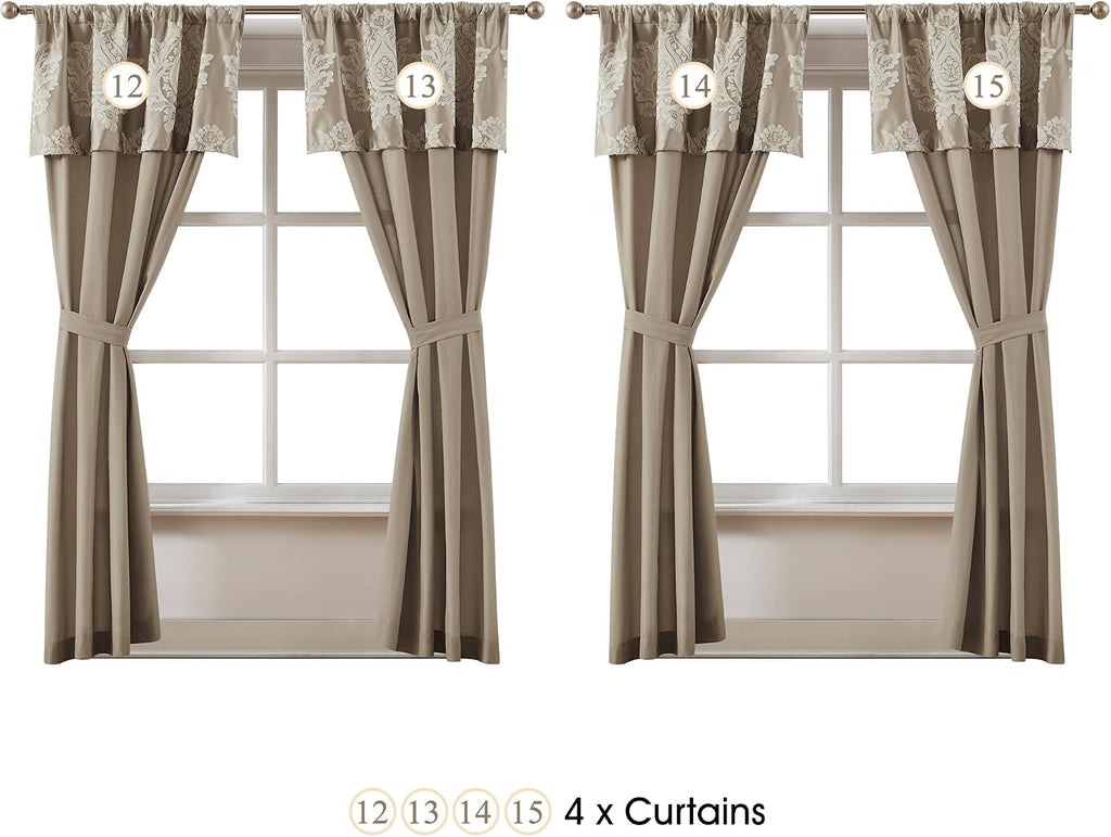 Stratford Park Beige Comforter Set King, 15 Pieces Room in a Bag, Elegant Patchwork Damask Jacquard Bedding Set, Matching Bedskirt, Flat Sheet, Fitted Sheet, Pillow Shams, Curtains