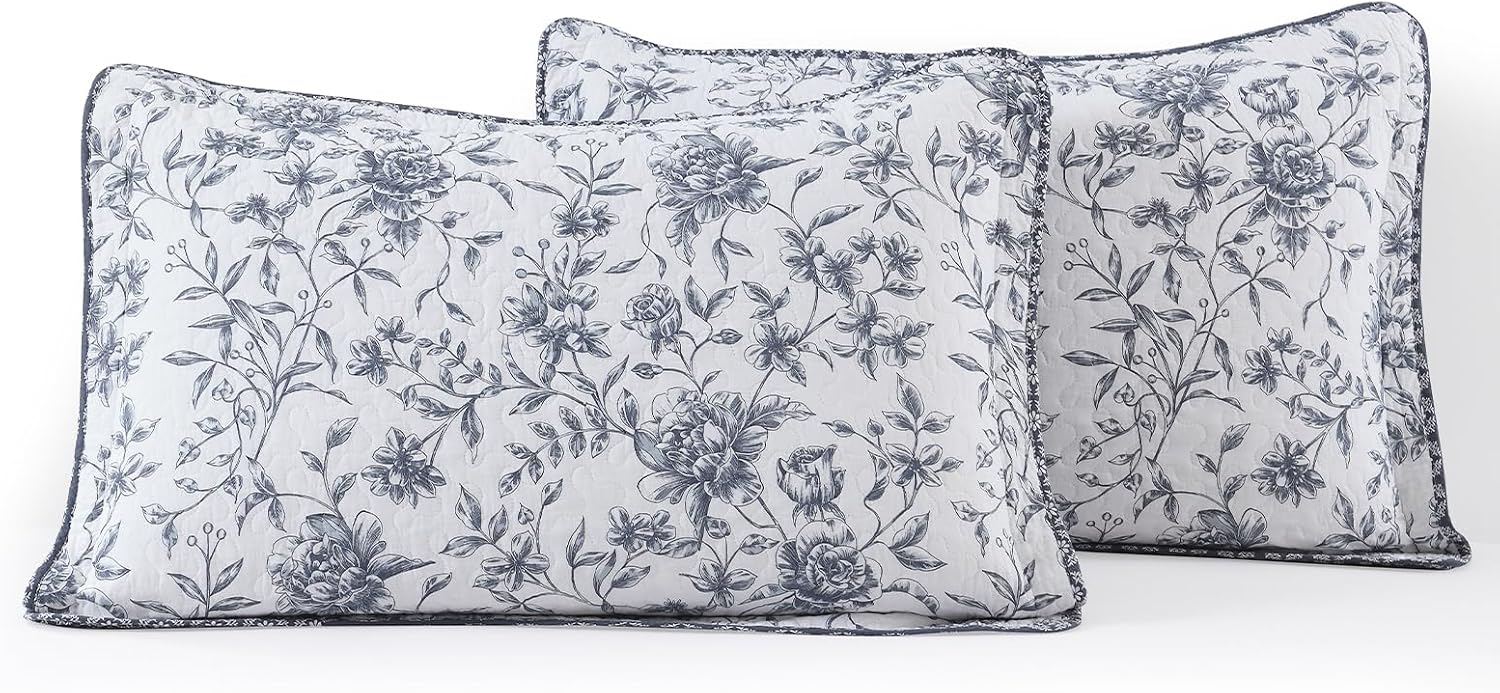 Floral Bedspread 102'x120' Oversized Queen Bedspread, 100% Cotton Oversized Queen Quilt with 2 Pillow Shams, Lightweight Garden Quilted Bedspreads Coverlet Sets, Blue/White, 3 Pcs