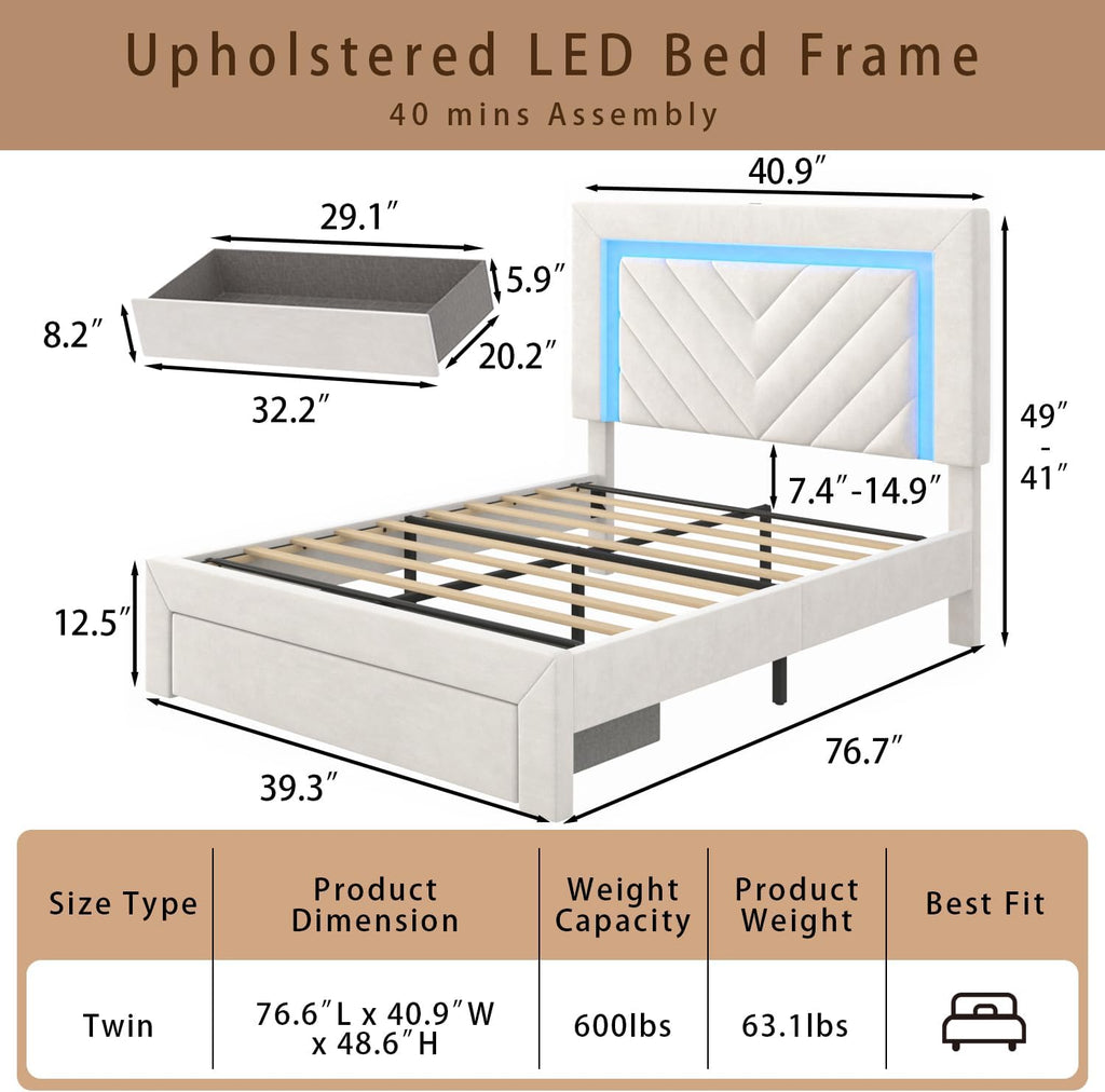 Incyneva Upholstered Twin Bed Frame with LED Headboard and Storage Drawer, Velvet Platform Bed Frame Twin Size with Charging Station, Adjustable Headboard, No Box Spring Needed, Off White