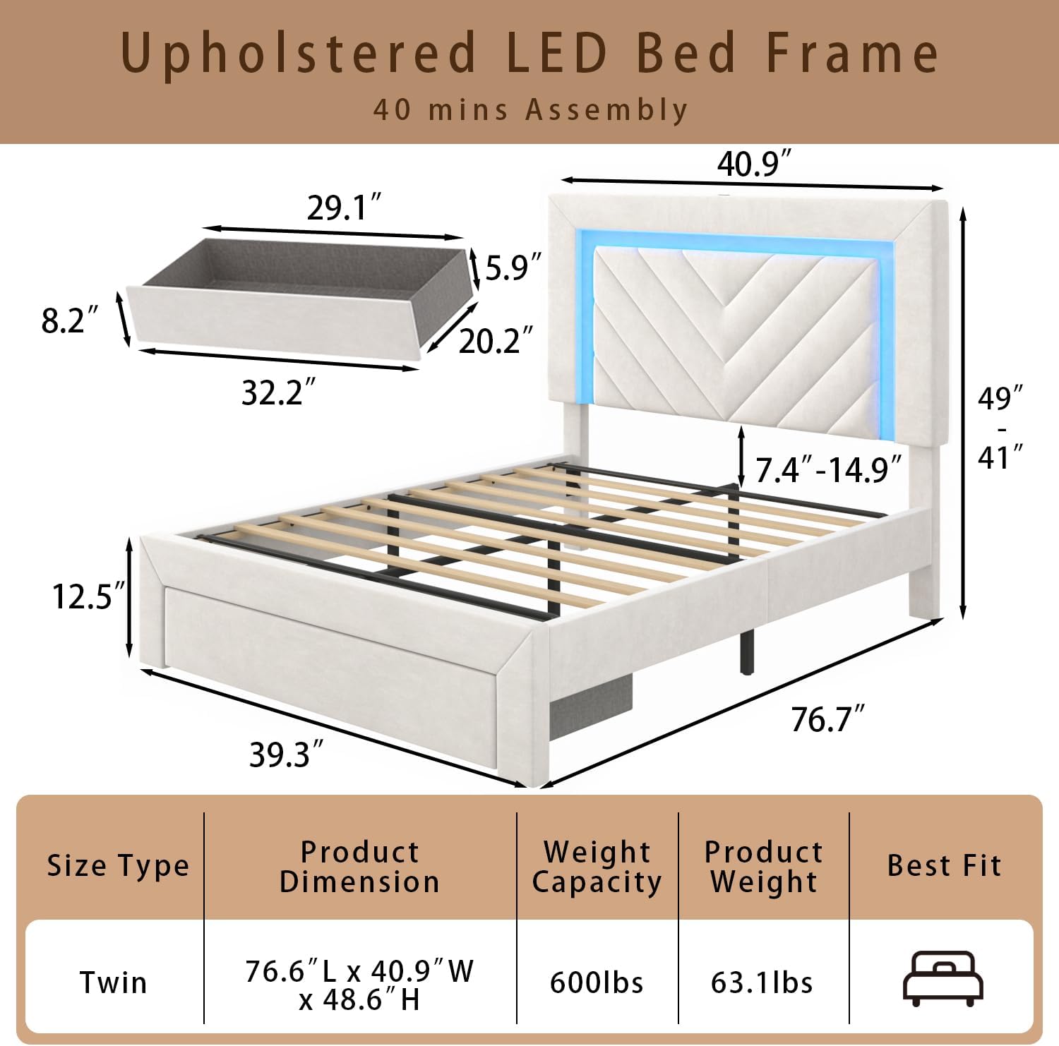Incyneva Upholstered Twin Bed Frame with LED Headboard and Storage Drawer, Velvet Platform Bed Frame Twin Size with Charging Station, Adjustable Headboard, No Box Spring Needed, Off White
