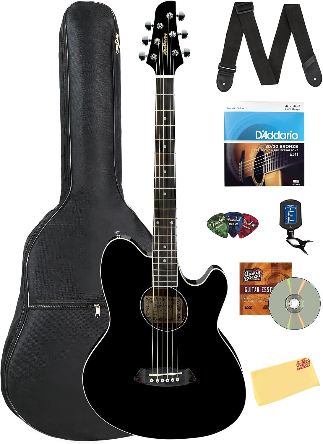 Ibanez TCY10E Talman Acoustic-Electric Guitar - Black High Gloss Bundle with Gig Bag, Tuner, Strap, D'Addario Strings, Picks, Austin Bazaar Instructional DVD, and Polishing Cloth