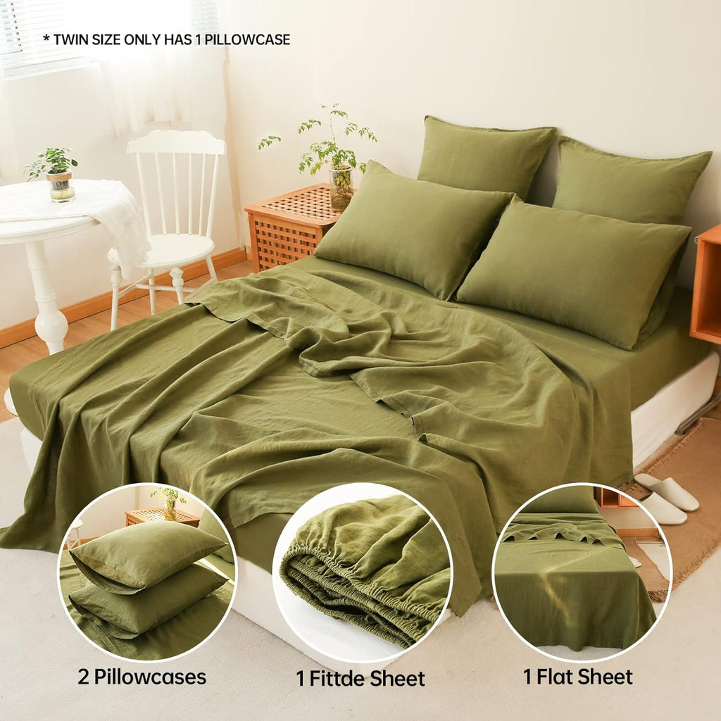 Simple&Opulence 100% Linen Sheet Set 4pcs Basic Style, Deep Pocket, Natural French Washed Flax Solid Color Soft Breathable Bed Sheets - Olive Green, Full