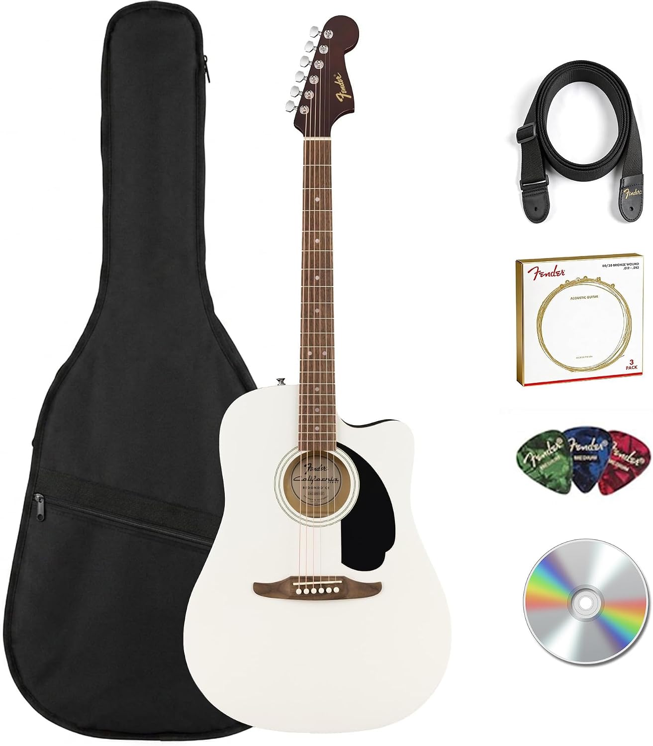Fender California Redondo CE Acoustic-Electric Guitar - White Bundle with Gig Bag, Strap, Strings, Picks, and Austin Bazaar Instructional Video