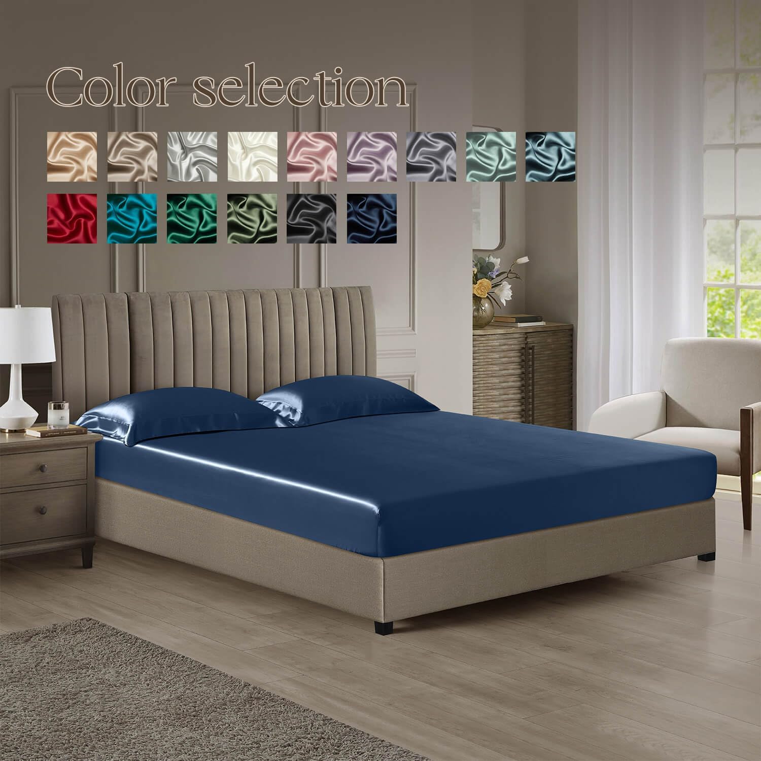 DISANGNI 22 Momme 100% Mulberry Silk Bedding Set - 4-Piece Luxury (2 Pillowcases, 1 Fitted Sheet, 1 Flat Sheet) - 6A Grade Natural Silk (Blue, Queen)