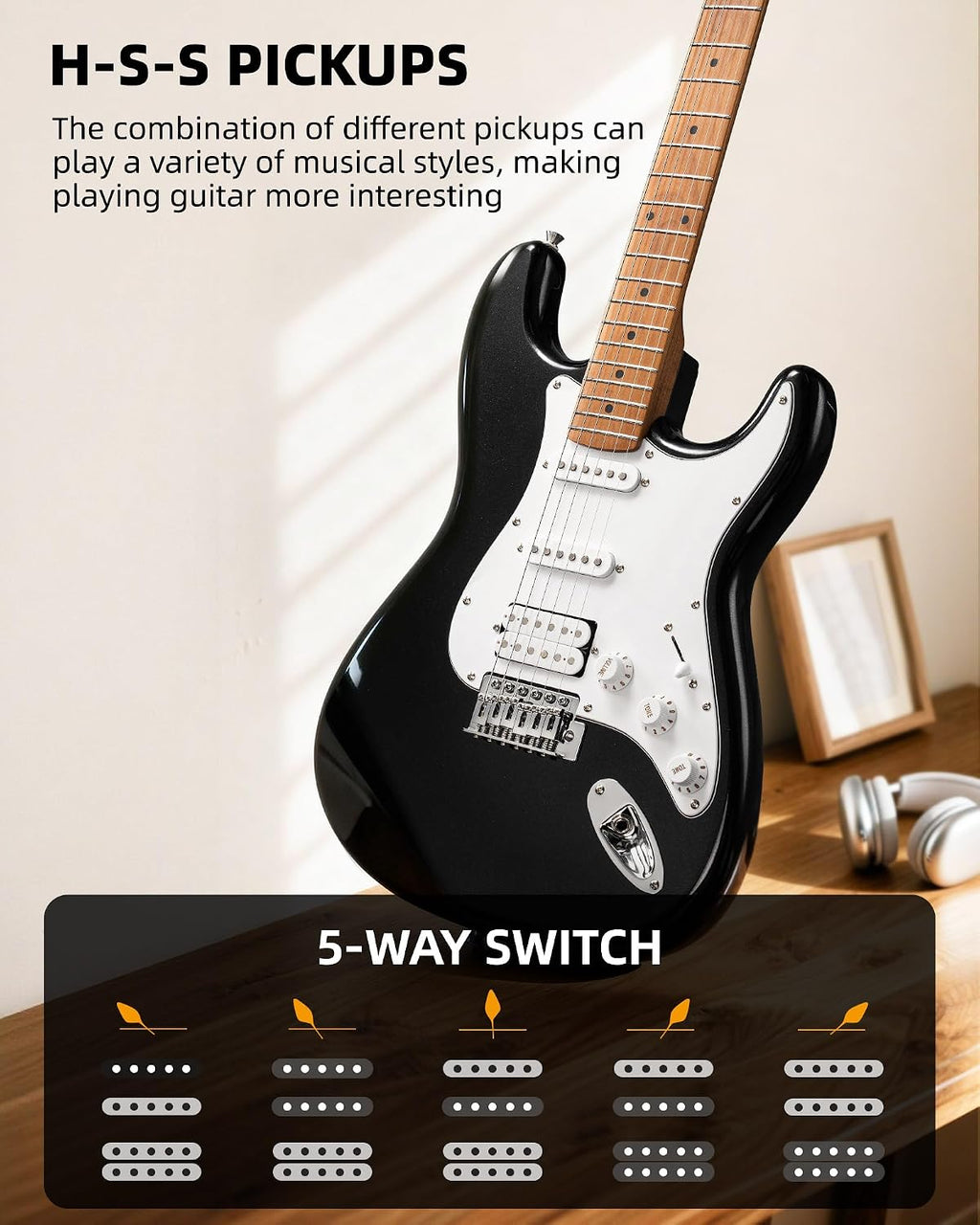 LEKATO Electric Guitar Kit Beginner 39 Inch Full Size Solid Body Guitar HSS for Starter Roasted Maple Neck Fretboard Stainless Steel Frets, 5W Mini Amp, Bag, Tuner, Capo, Strap, String, Picks- Black