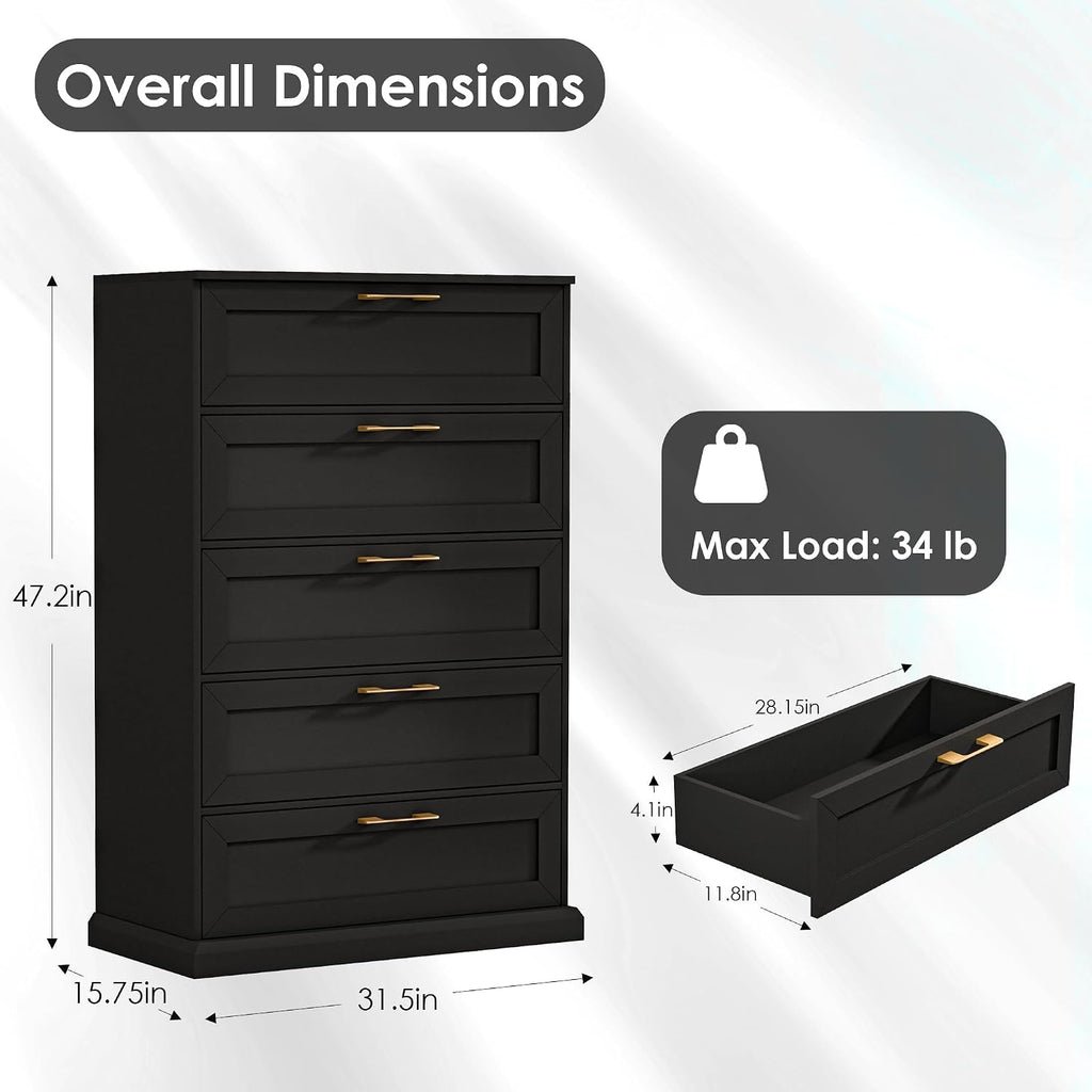 Zamildon's 5 Drawer Dresser, 47' Tall Dressers for Bedroom with Anti-Tip Device, Black Dresser Modern Storage Closet with Handle for Hallway,Entryway