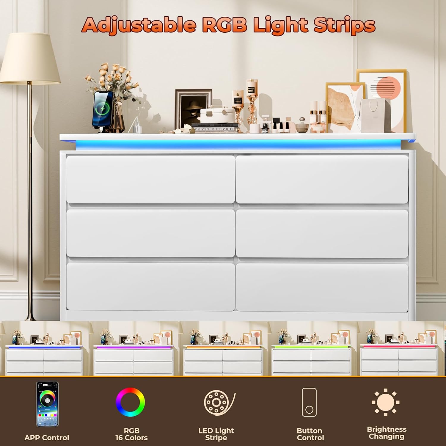 Loomie Upgraded 6 Drawer White Dresser for Bedroom, 47.2' Long Chest of Drawers with Charging Station & LED Lights, Wooden Storage Cabinet Dresser for Closet,Modern TV Stand with Deep Drawers