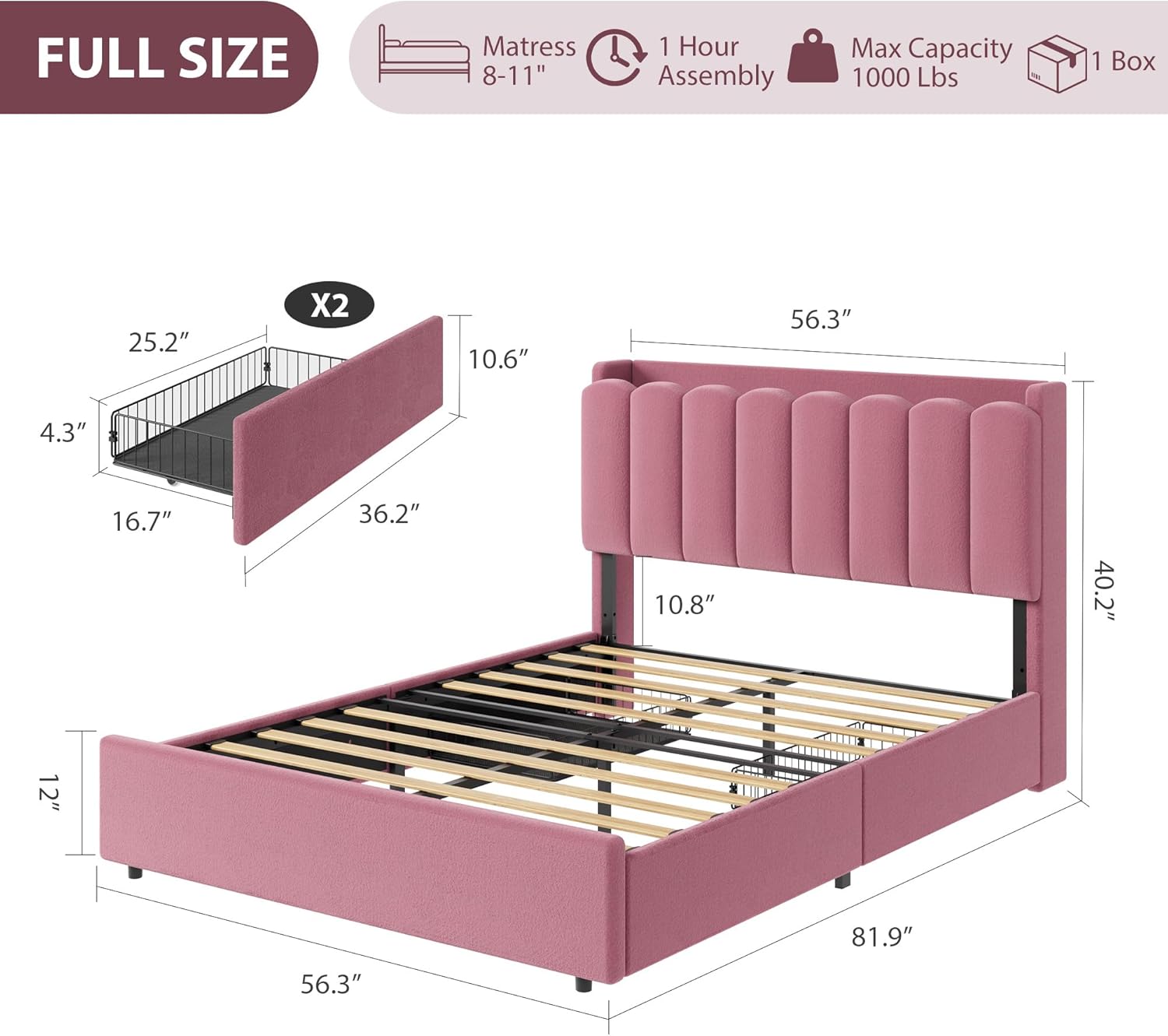 Garvee LED Full Size Bed Frame with Storage Headboard, Kids Bed Frame with 2 Drawers, Boucle Upholstered Platform Bed for Girls, Chic Wavy Headboard with Bookcase, No Box Spring Needed, Dark Pink