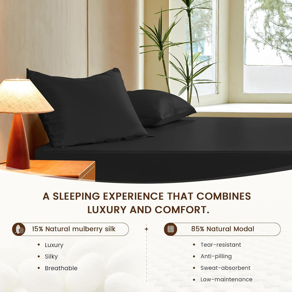 THXSILK Luxury Mulberry Silk Fitted Sheet Set 3 Pcs, Full Silk Bed Sheet Set with 16' Deep Pockets, Soft & Cooling Sheets, 1 Fitted Sheet, 2 Pillowcases with Zipper Closure - Black
