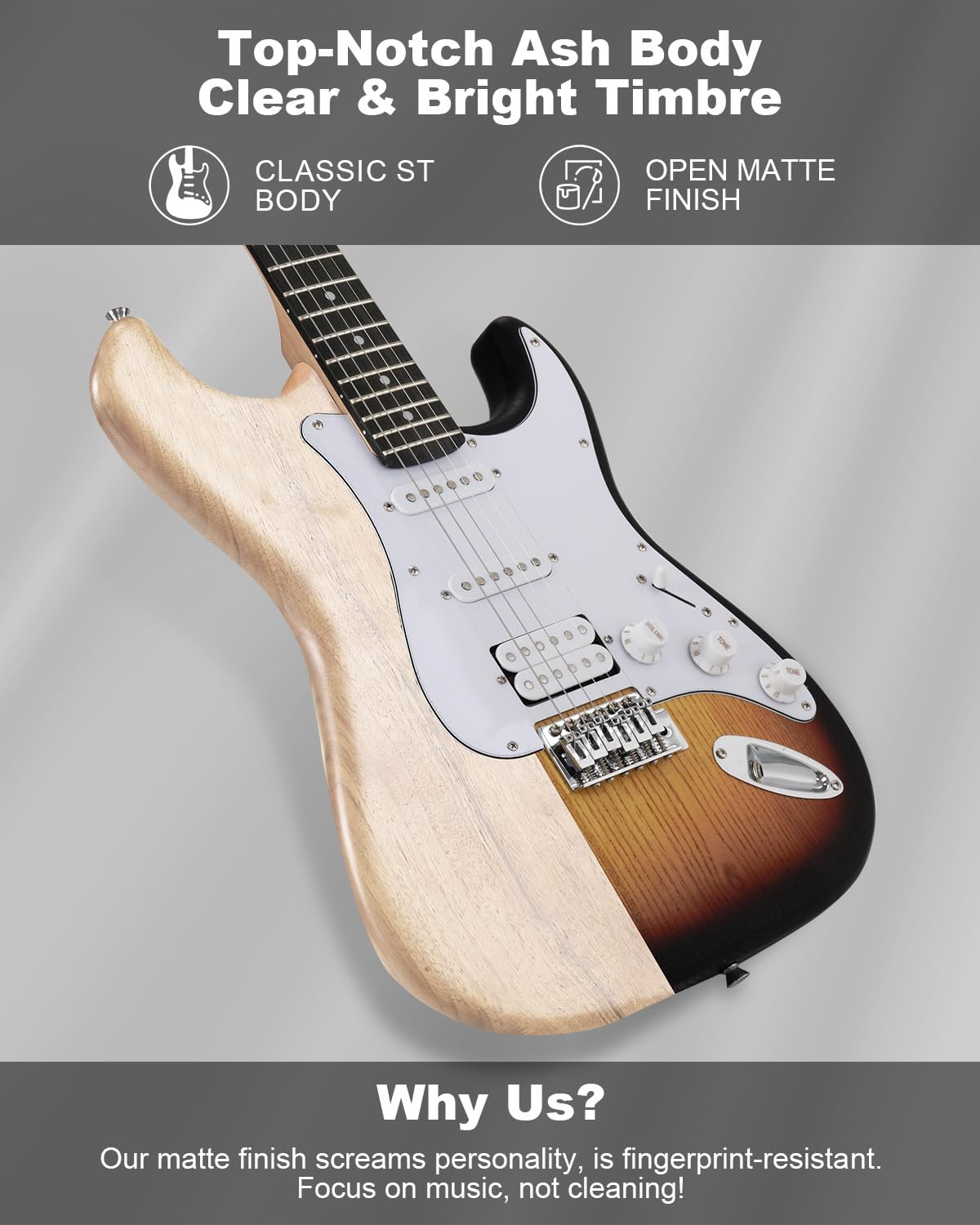 RVONE RST-150 39'Beginner Electric Guitar Kit with Amplifier, Classic HSS Pickup, Electric Guitar with Gig Bag, Capo, Strap, Extra Strings, Digital Tuner, 3 Picks, Cleaning Cloths (Sunburst)
