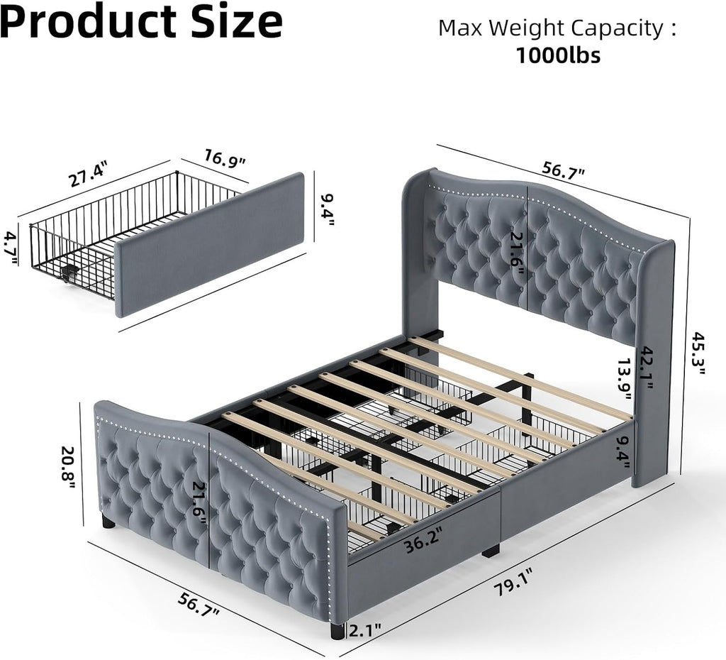 CANMOV Full Size Upholstered Bed Frame with 4 Storage Drawers,Comfortable Fabric Platform Bed Frame with Wingback Headboard & Footboard,Wooden Slats Support,No Box Spring Needed,Dark Grey