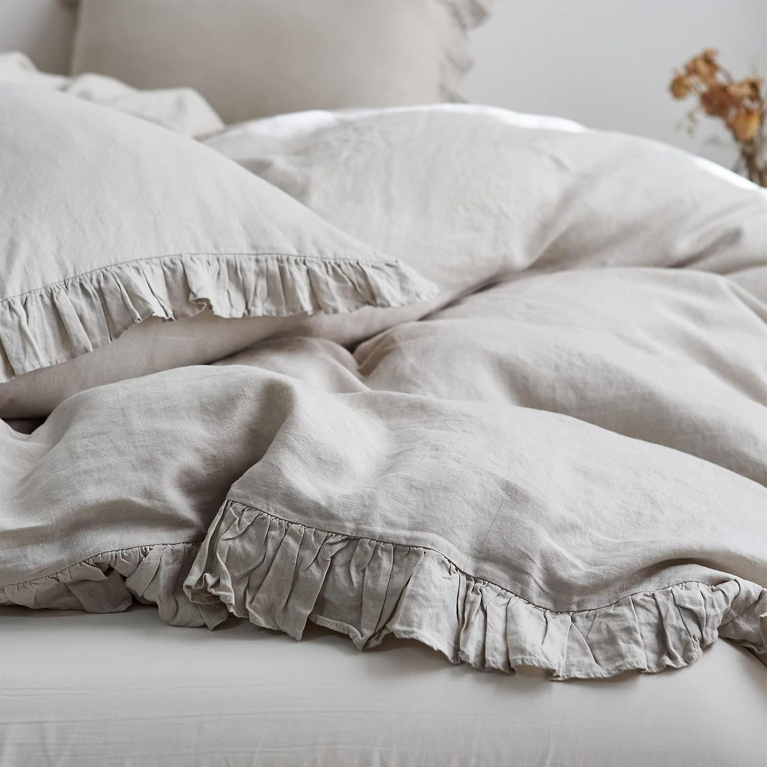 Simple&Opulence 100% Linen Duvet Cover Set, 3 PCS Natural French Flax Light Grey Ruffle Duvet Cover King Size, Breathable Comfy Linen Bedding Comforter Cover with 2 Pillowcases(Light Grey, 104'X 92')