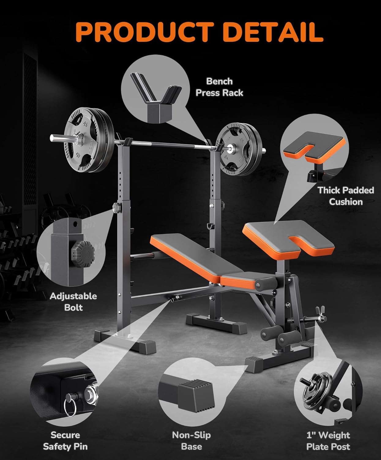 Multi-Function 6 in 1 Weight Bench Set - Leg Press, Preacher Curl Rack, Adjustable Workout Bench & Squat Rack for Full Body Exercise, Fitness Strength Training for Home Gym
