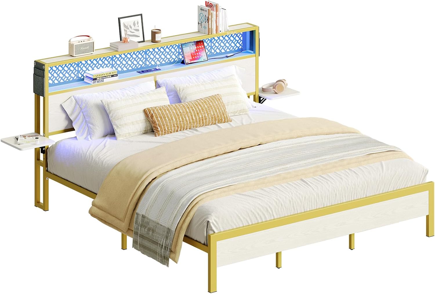 Bestier King Size Bed Frame with Headboard and Foldable Bedside Shelves Storage, LED Platform Bed Frame with Charging Station, Non Slip Metal Bed Frame, Noise Free, Easy Assembly, White Oak