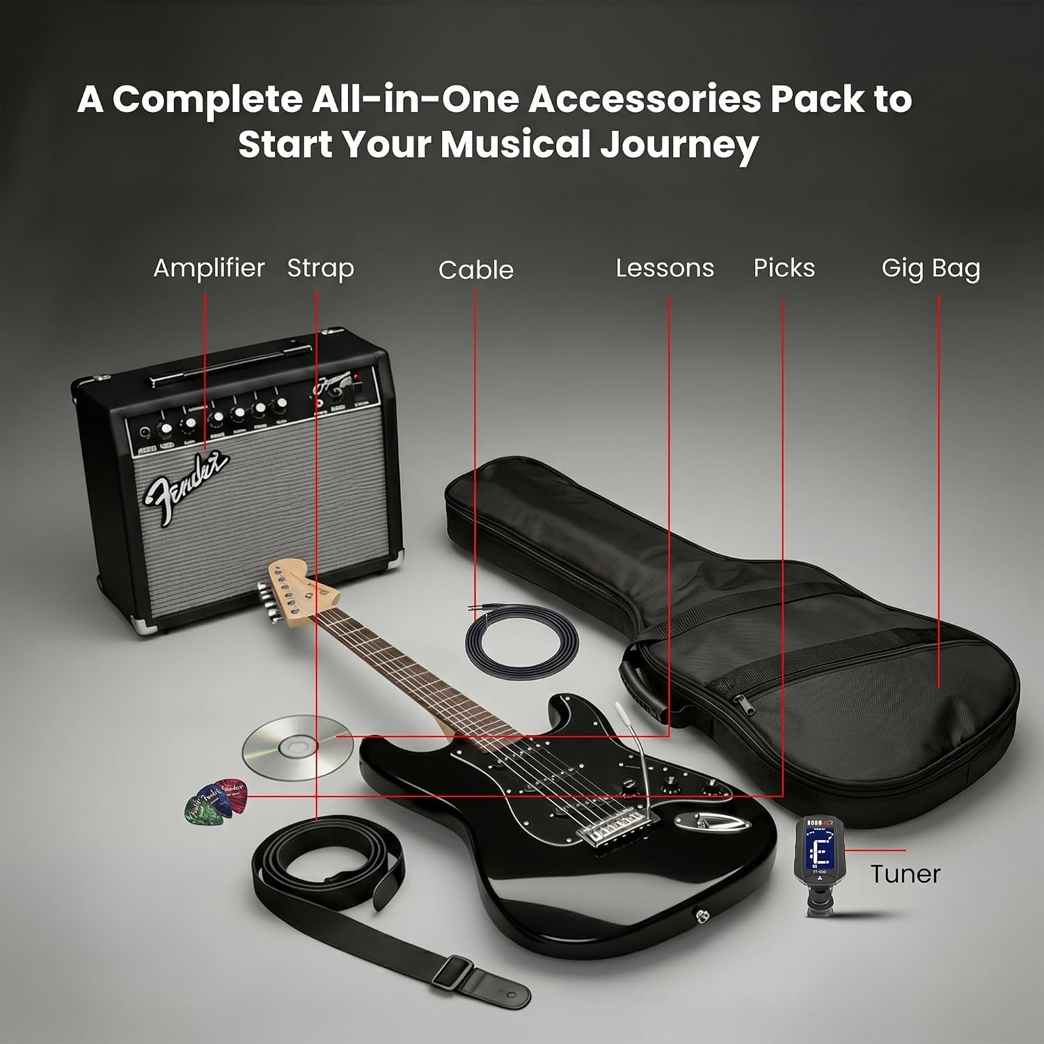 Fender Squier Affinity Stratocaster HSS Pack - Charcoal Frost Metallic Bundle with Frontman 10G Amplifier, Cable, Gig Bag, Tuner, Strap, Picks, and Austin Bazaar Instructional DVD