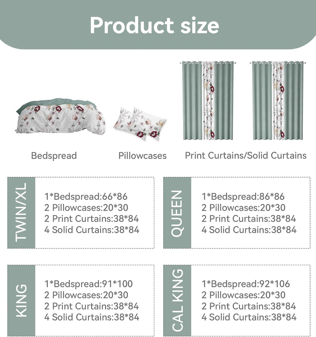9 Pcs King Bed in A Bag with Curtains | Green/Red Floral Bedspread, 2 Pillowcases, 2 Print & 4 Solid Curtains | Microfiber, Moisture-Wicking | King Size Comforter Set with Curtains