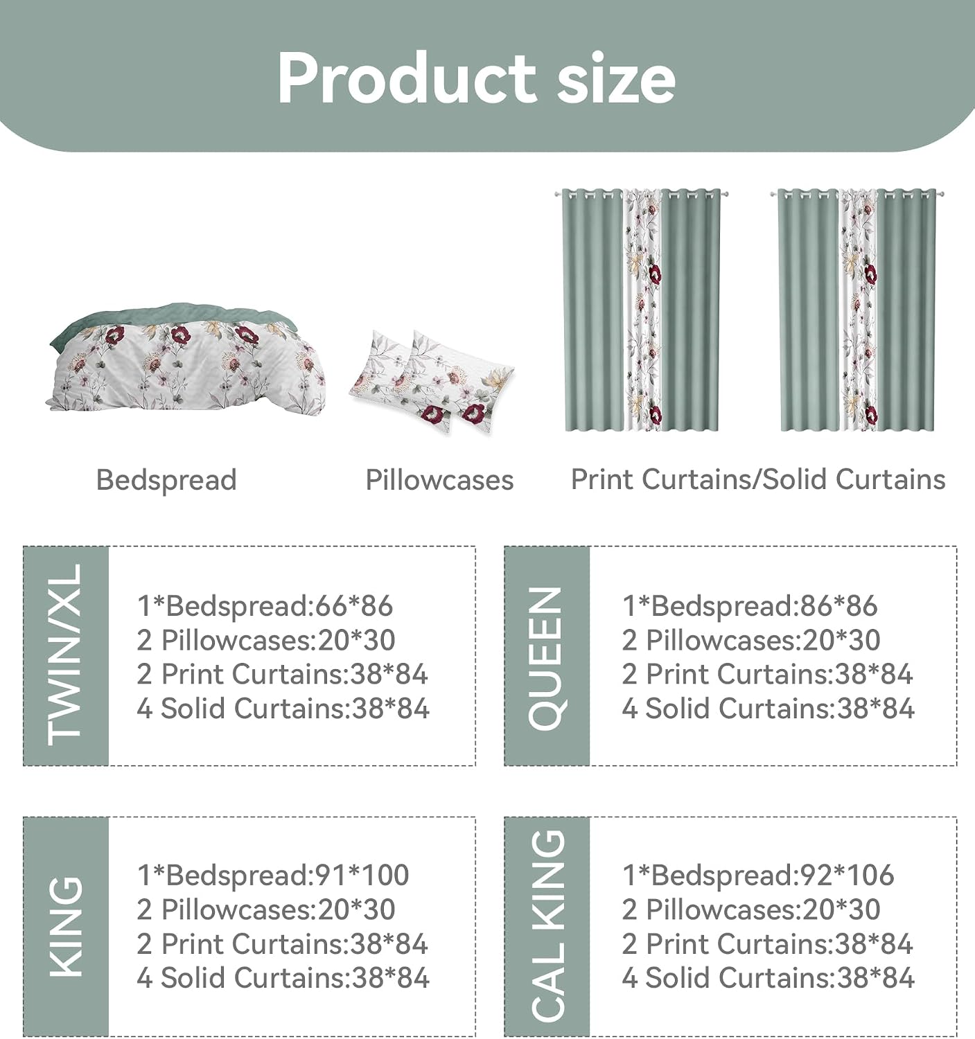 9 Pcs King Bed in A Bag with Curtains | Green/Red Floral Bedspread, 2 Pillowcases, 2 Print & 4 Solid Curtains | Microfiber, Moisture-Wicking | King Size Comforter Set with Curtains