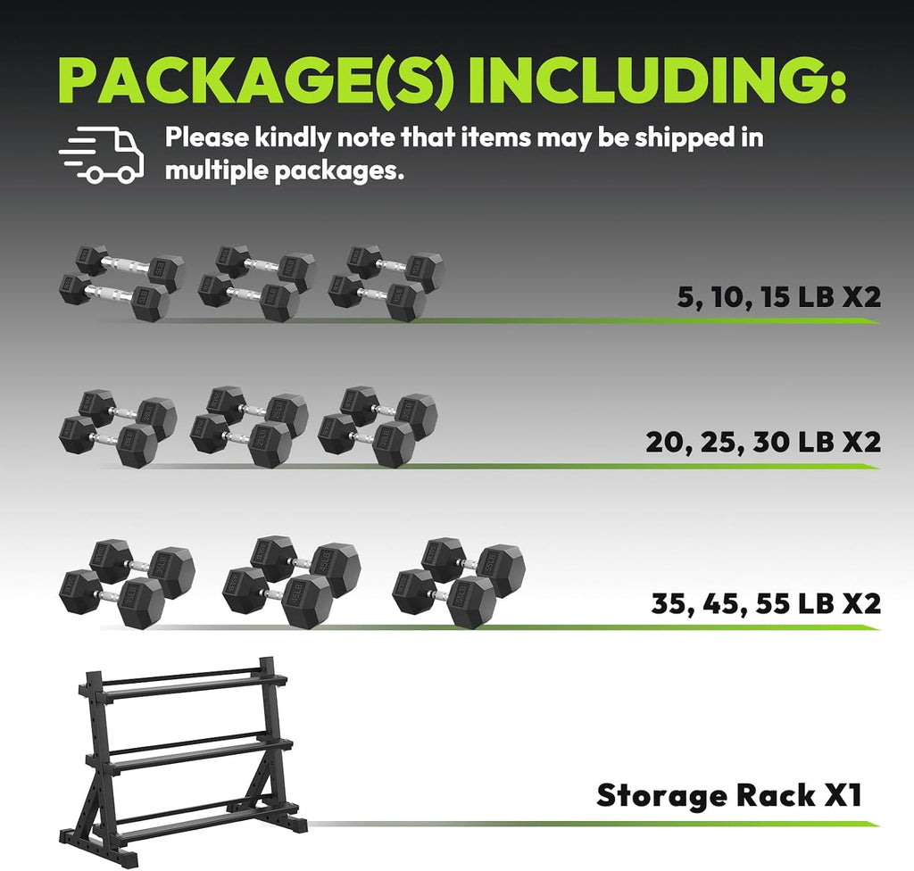 HANDBODE Hex Dumbbell Set with Rack, 300-840 lb Rubber Coated Fixed Weights Sets with Heavy Duty Storage Stand, Hexagon Shape, Multiple Weight Options Home Gym Equipment for Strength Training