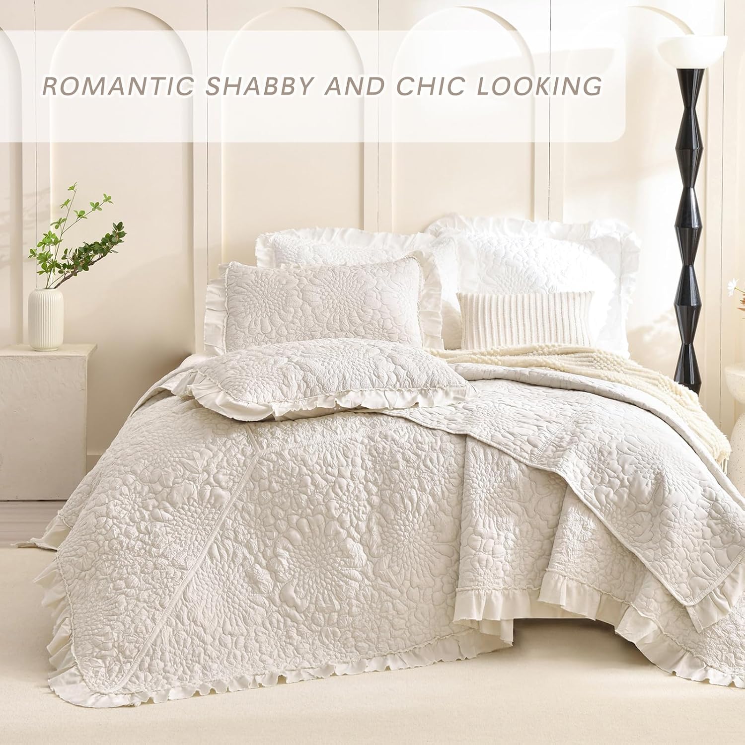 Lady Ann Wheat Quilt Sets Queen 102x118,Stone-Washed Lightweight Ruffle Coverlet, 3Pcs Quilted Crinkled Shabby Bedspread Set Farmhouse Rustic Bedding Set for All Season