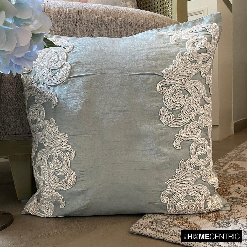 The HomeCentric Pack of 2 22x22 inch (55x55 cm) Pillow Case Light Blue Throw Pillow Cover Beaded Baroque French Toile Theme Pillow Cover Art Silk Square Pillow Cover Floral Victorian - White Waters