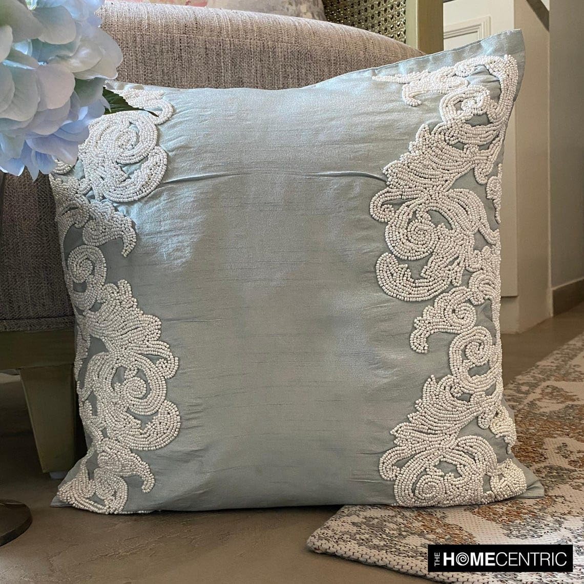 The HomeCentric Pack of 2 22x22 inch (55x55 cm) Pillow Case Light Blue Throw Pillow Cover Beaded Baroque French Toile Theme Pillow Cover Art Silk Square Pillow Cover Floral Victorian - White Waters