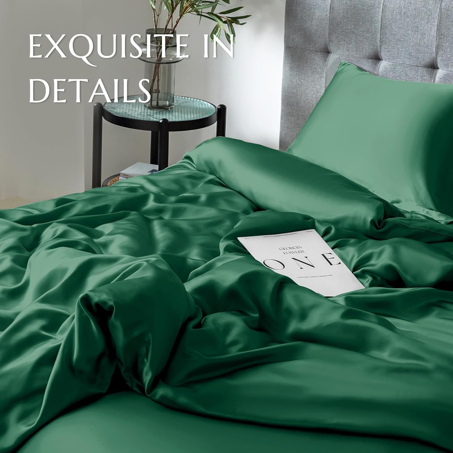 THXSILK Silk Duvet Cover, 100% 7A+ Mulberry Silk Comforter Cover, Seamless, Breathable, Easy Care Zipper Closure, 1 Duvet Cover Only - Queen, Emerald Green