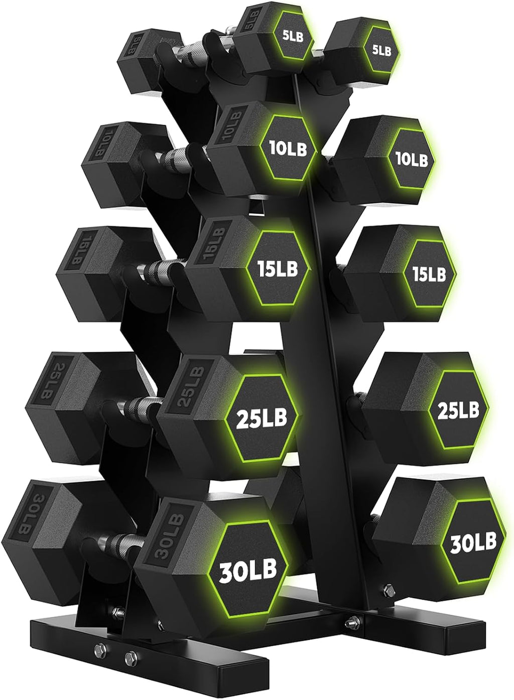HANDBODE Rubber Coated Hex Dumbbell Set with A-Frame Rack, 100 lb - 550 lb Multiple Options Weight, Hexagon Non-Rolling Shape, Ergonomic Knurled Handle, Home Gym Equipment for Strength Training