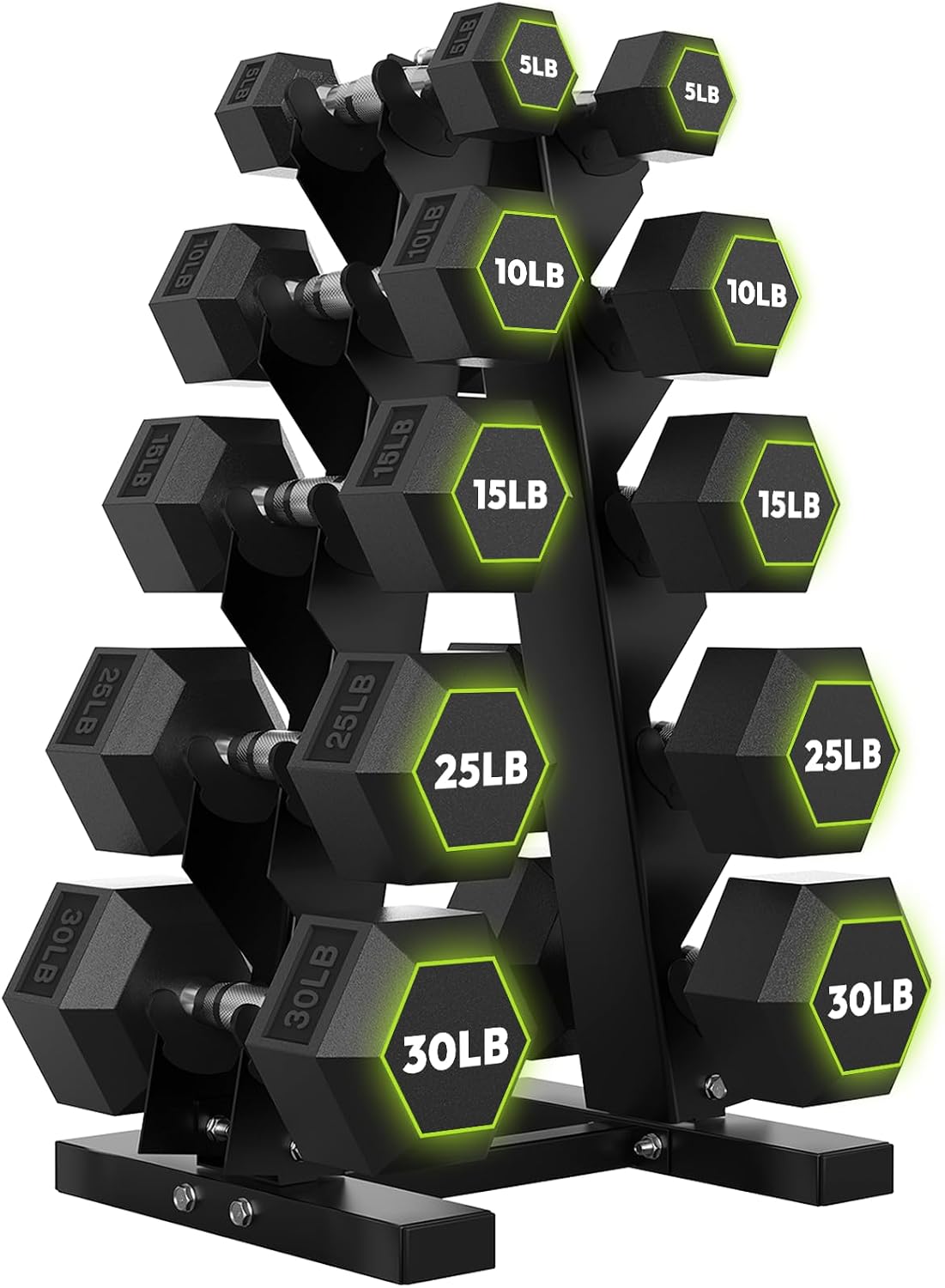 HANDBODE Rubber Coated Hex Dumbbell Set with A-Frame Rack, 100 lb - 550 lb Multiple Options Weight, Hexagon Non-Rolling Shape, Ergonomic Knurled Handle, Home Gym Equipment for Strength Training