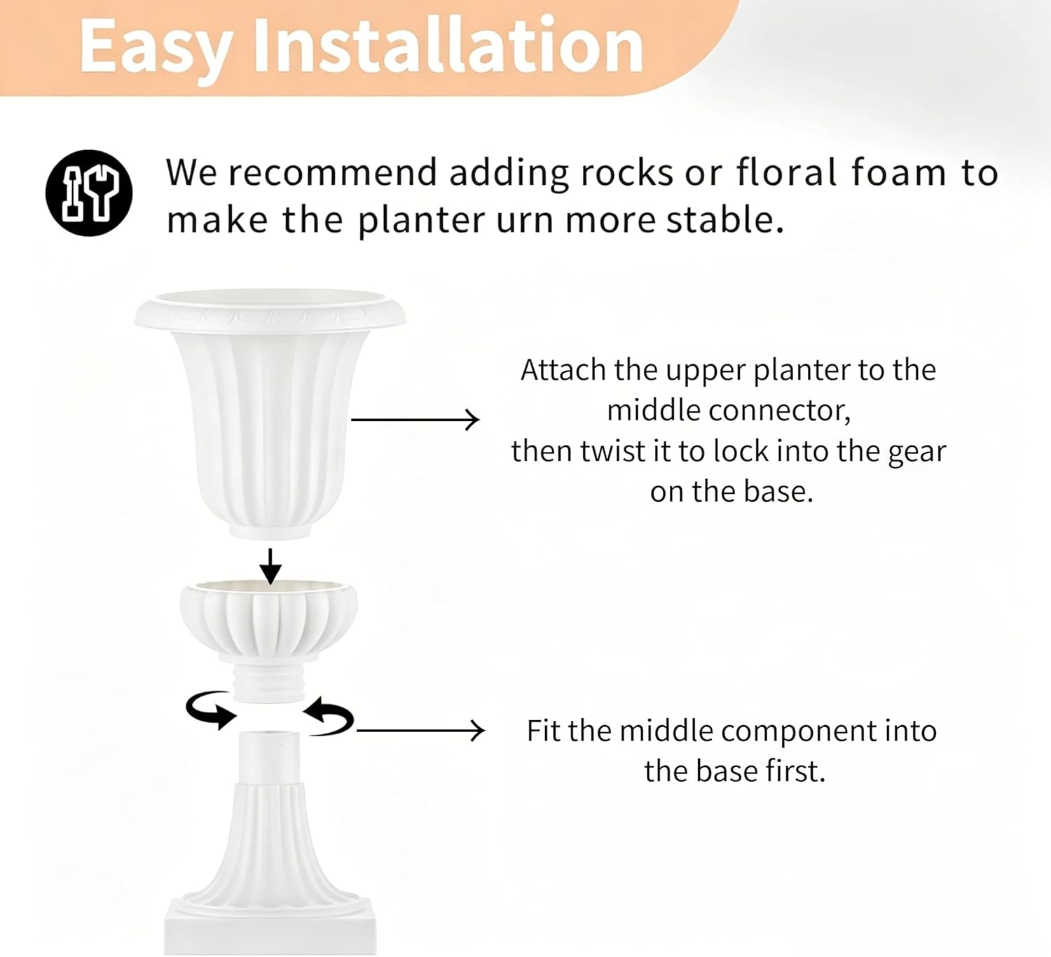 NUPTIO Plastic Urn Planters White - 6 Pcs 19.7 Inch Tall Large Urns Planter Outdoor for Plants - Garden Classic Flower Vase Plant Pots - Porch Front Pedestal Pot Resin Grecian Vases