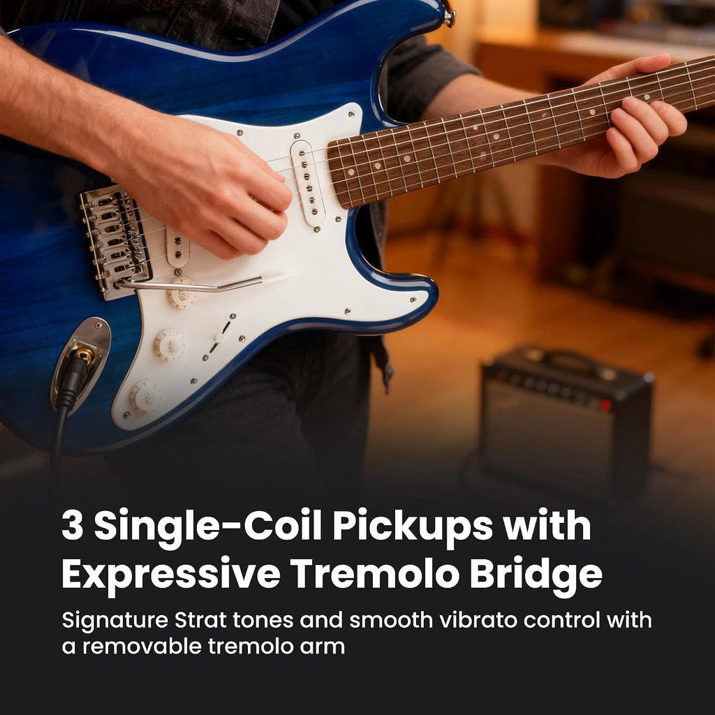 Fender Squier Sonic Stratocaster Pack - Sapphire Blue Transparent Bundle with Frontman 10G Amp, Gig Bag, Instrument Cable, Strap, Tuner, Picks, and Austin Bazaar Instructional DVD