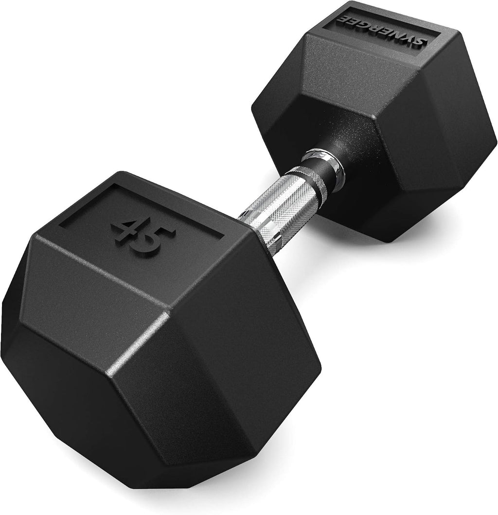 Synergee Rubber Encased Hex Dumbbells with Chrome Handle. All Purpose Weights for Strength & Conditioning Training. Available Size From 2.5 lbs to 50 lbs.