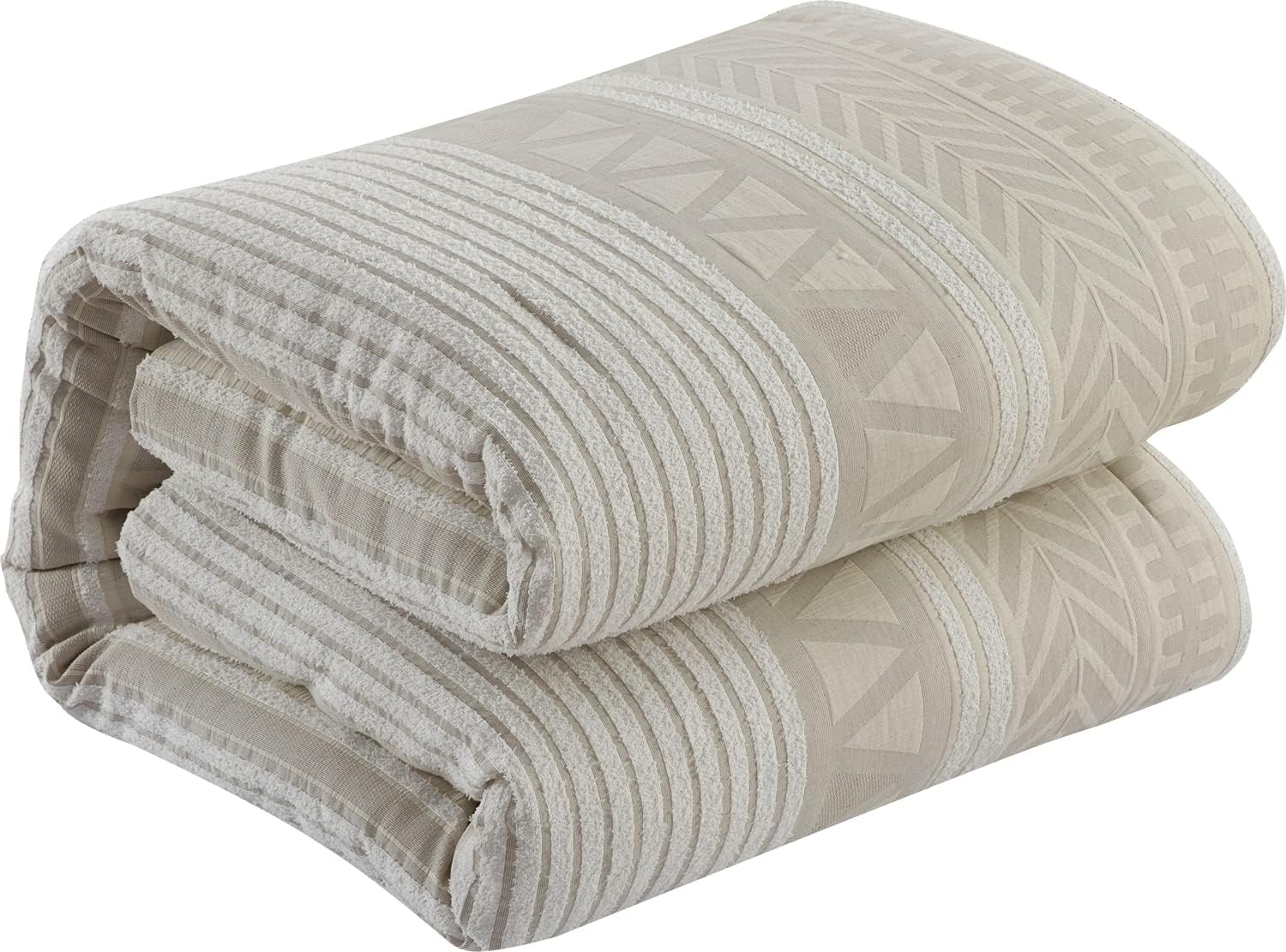 Grand Avenue Cotton King Size Comforter Set, 6 Piece, Beige Geometric Jacquard Bedding Set, Bedskirt, Pillows & Shams, Home Decor