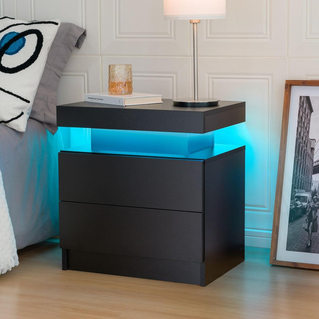 Bingoday Black Nightstand Set of 2 Black Bedside Tables Set of 2 LED Night Stand Set 2 Wood Nightstand Set of 2 with 2 Drawers for Bedroom Living Room