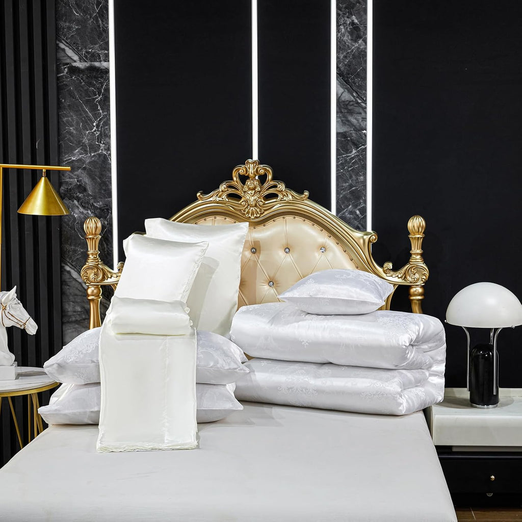 Jacquard Comforter Set White Sheet Set Satin Bedding Set King 8 Pcs Vintage Neoclassical Floral Bed Home Decor Soft Comforter Luxury Hotel Silky Bed in a Bag with 1 Cushion Cover