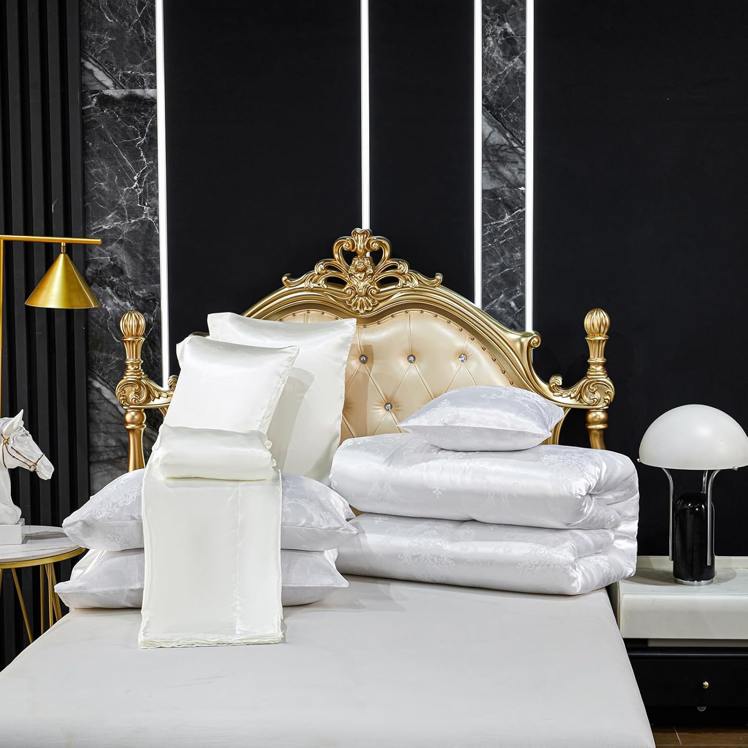 Jacquard Comforter Set White Sheet Set Satin Bedding Set King 8 Pcs Vintage Neoclassical Floral Bed Home Decor Soft Comforter Luxury Hotel Silky Bed in a Bag with 1 Cushion Cover