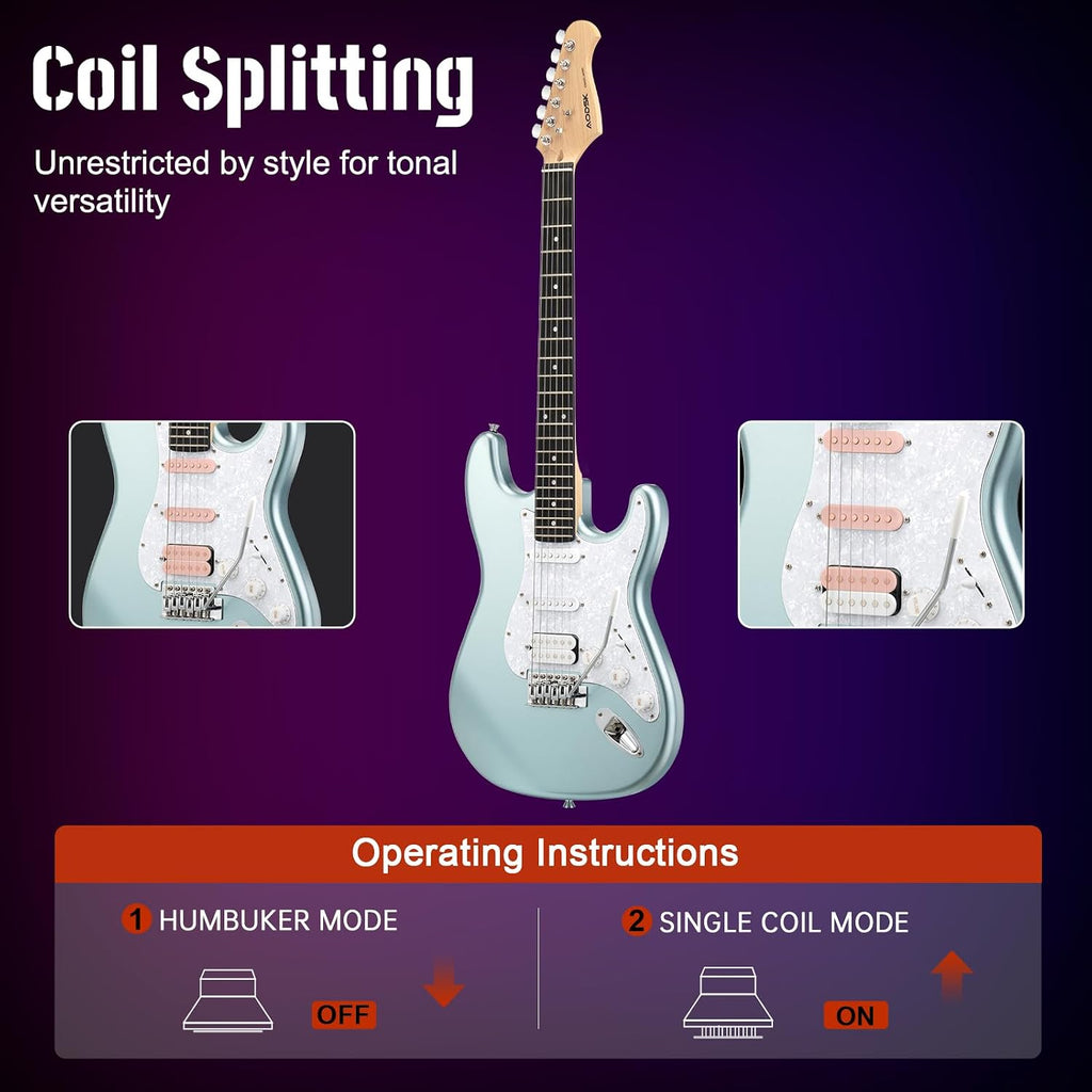AODSK Electric Guitar, 39' Beginner Electric Guitar Kit, Matte Finish, HSS Pickups, Guitar Starter Kit with AMP, Includes Digital Tuner, Strings, Pick, Vibrato Bar, Capo, Strap, Gig Bag, Blue