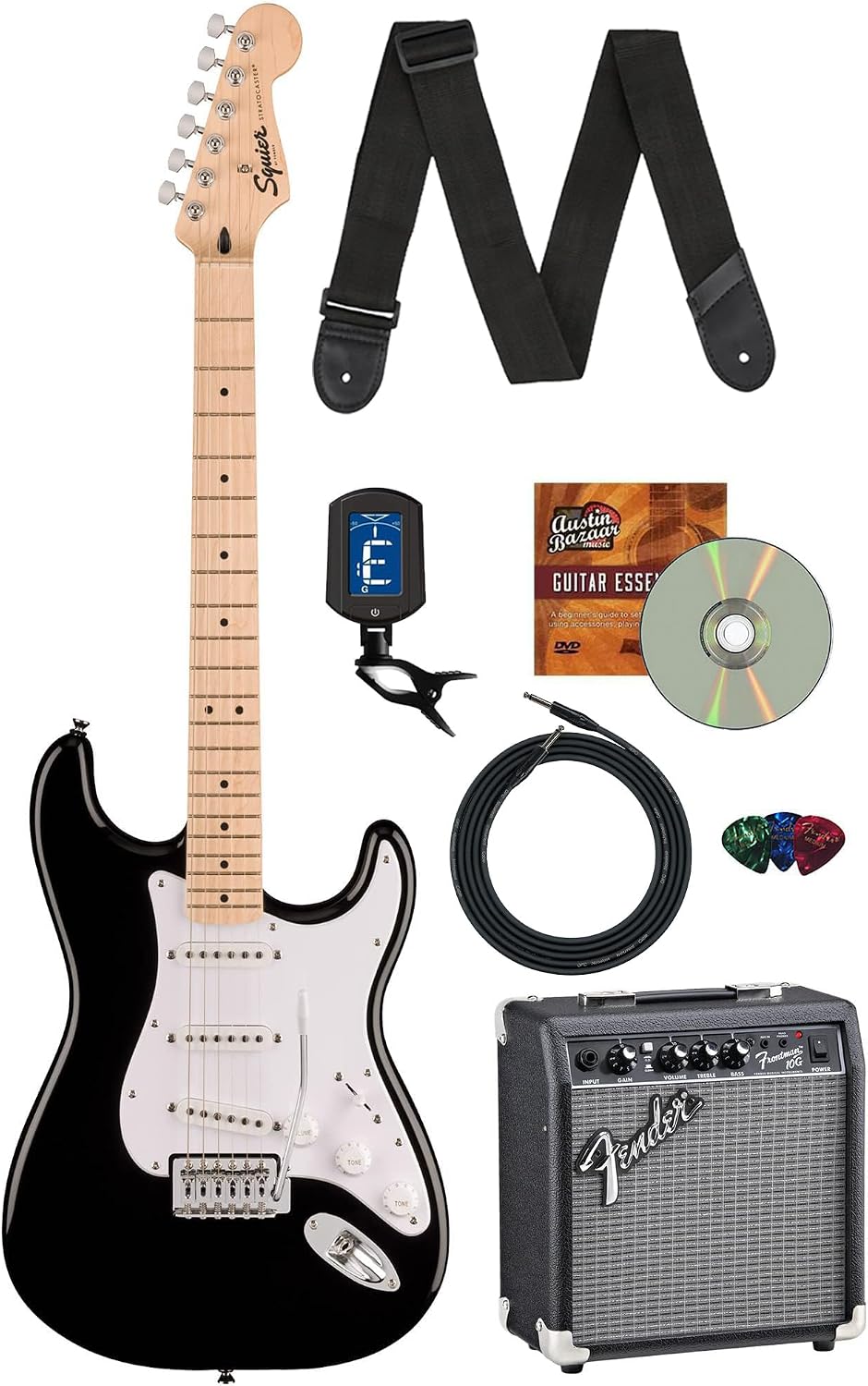 Fender Squier Sonic Stratocaster - Black Bundle with Frontman 10G Amp, Cable, Tuner, Strap, Picks, and Austin Bazaar Guitar DVD