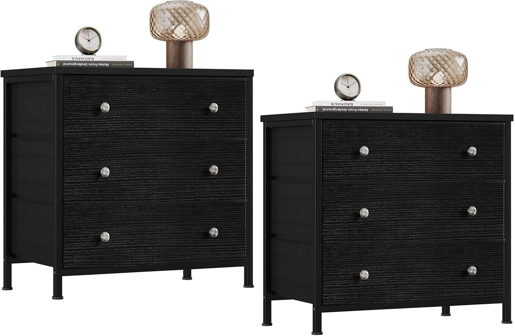 BOLUO Black Nightstands Set of 2, Large Night Stand Fabric 3 Drawer Dresser for Bedroom Closet,Girls Modern