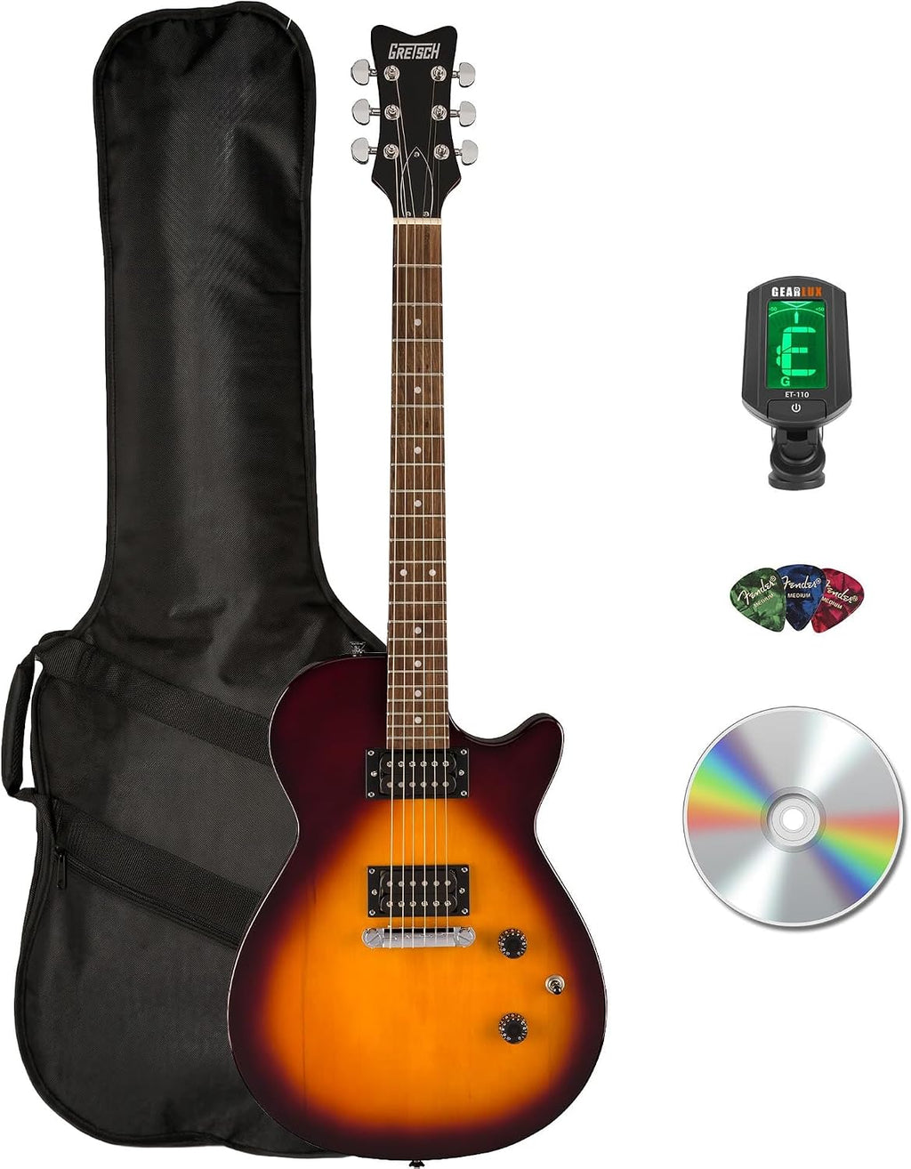 Gretsch Ignite Jet Club Electric Guitar - Duo-Tone Burst Bundle with Gig Bag, Tuner, Picks, and Austin Bazaar Instructional DVD