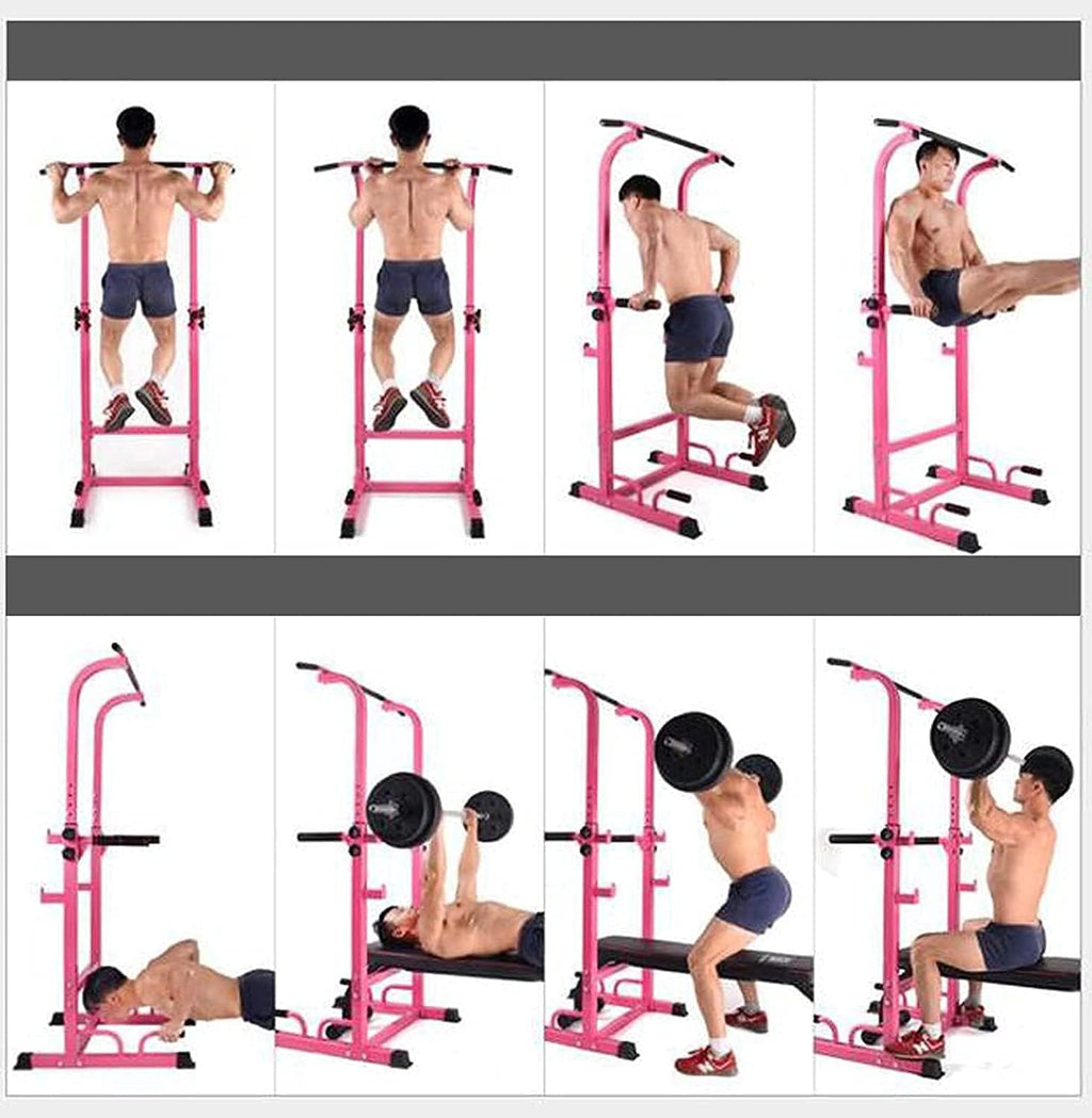 Multi Pull Up Bar Dip Station Power Tower Exercise Equipment Fitness Workout Station for Home Gym Can Be Used with Barbells and Dumbbell Benches Adjustable Height Pink