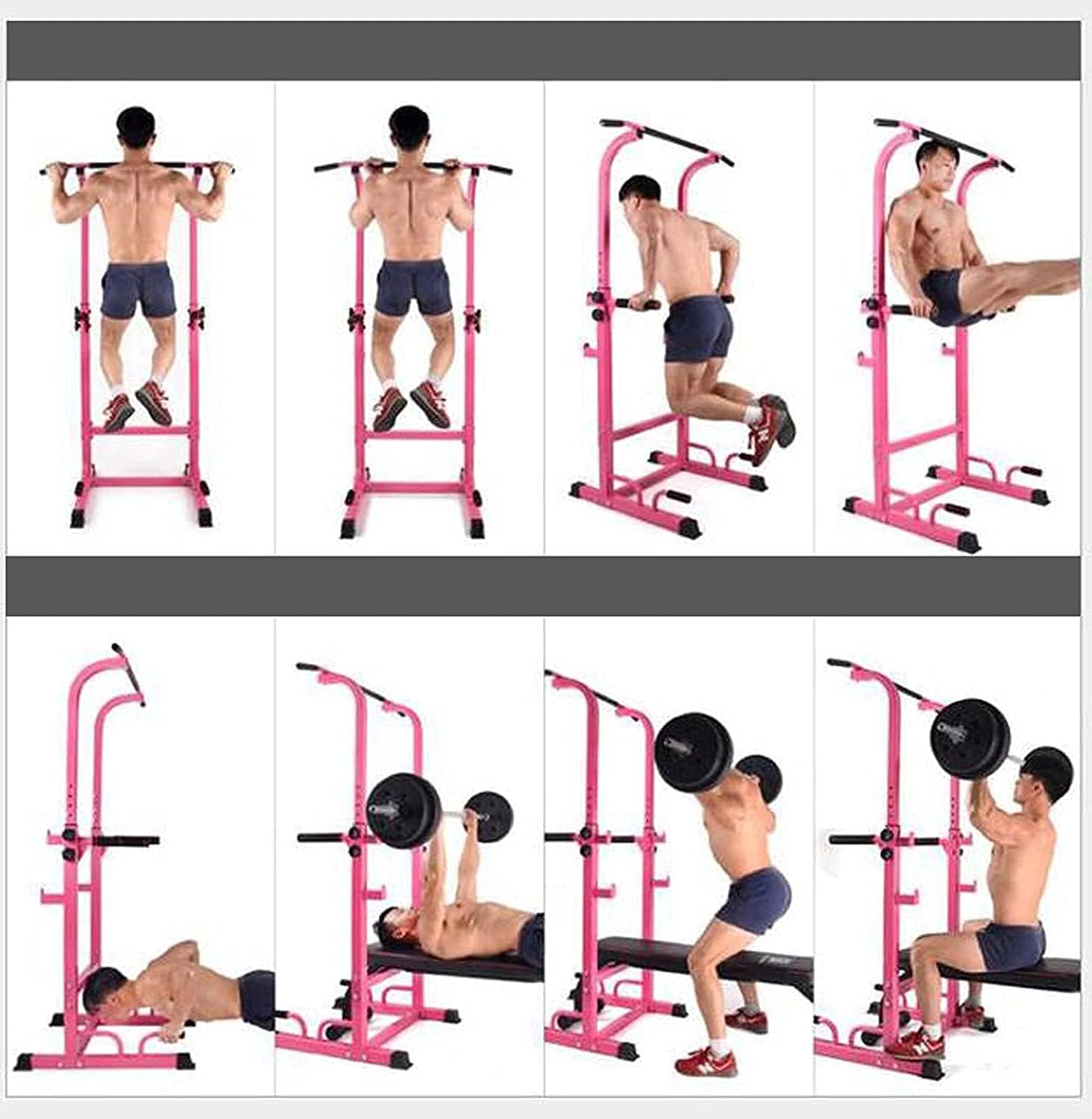 Multi Pull Up Bar Dip Station Power Tower Exercise Equipment Fitness Workout Station for Home Gym Can Be Used with Barbells and Dumbbell Benches Adjustable Height Pink
