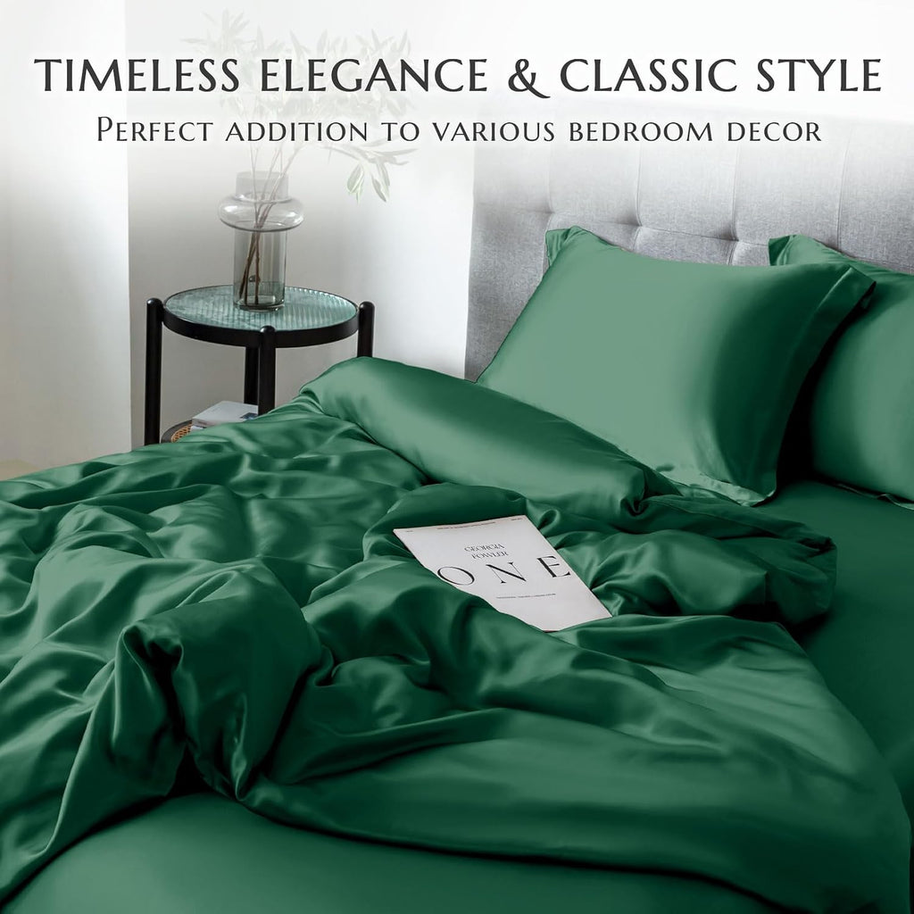 THXSILK 100% Silk Sheet Set, 7A+ Silk Sheet Set Soft Breathable, Luxury Bedding (1 Duvet Cover, 1 Fitted Sheet, 2 Pillow Shams), King, Emerald Green