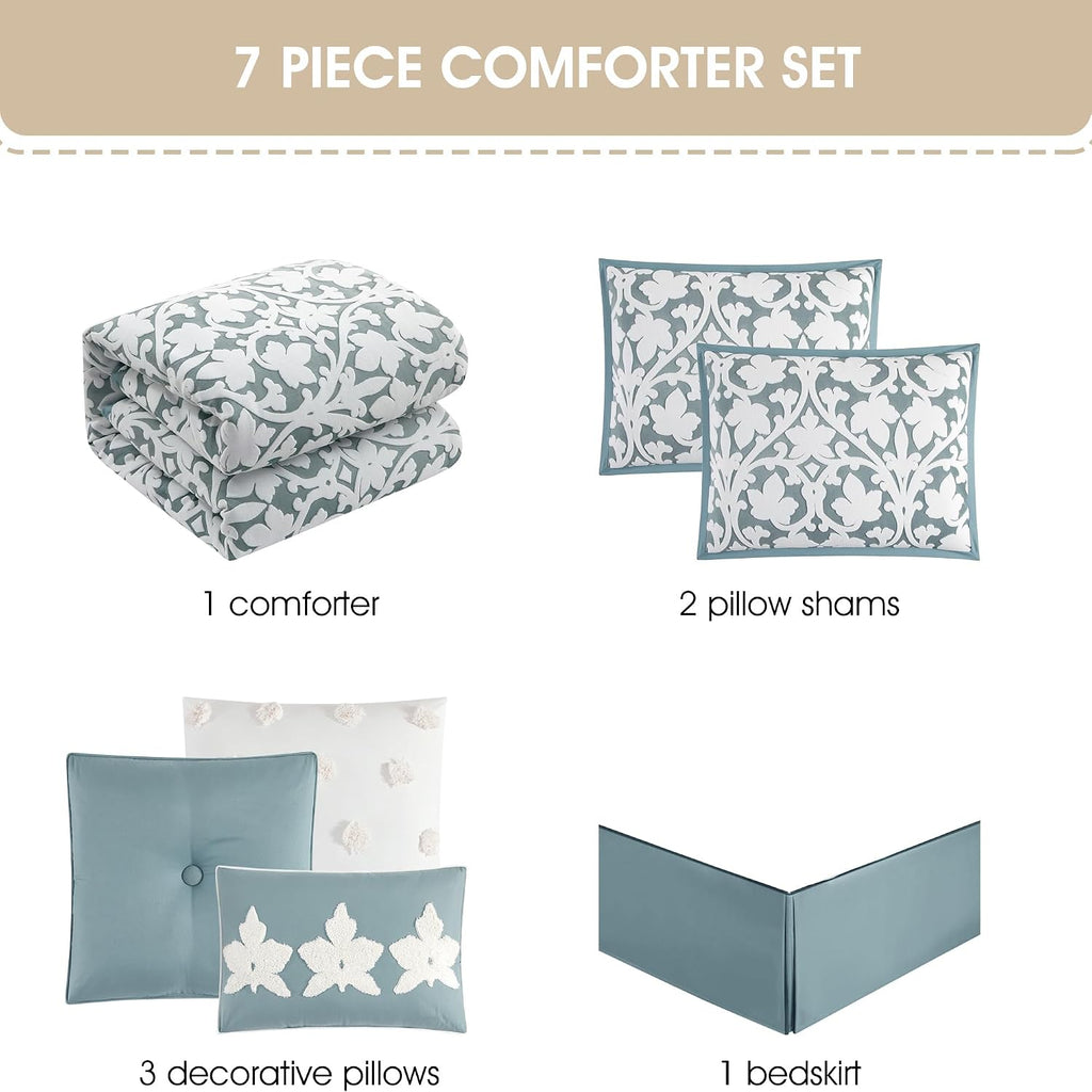 Grand Avenue 7 Piece Blue Comforter Set, Queen Size Jacquard Bedding Set, All Season Floral Leaves Bedding, Matching Pillows, Shams, Bed Skirt