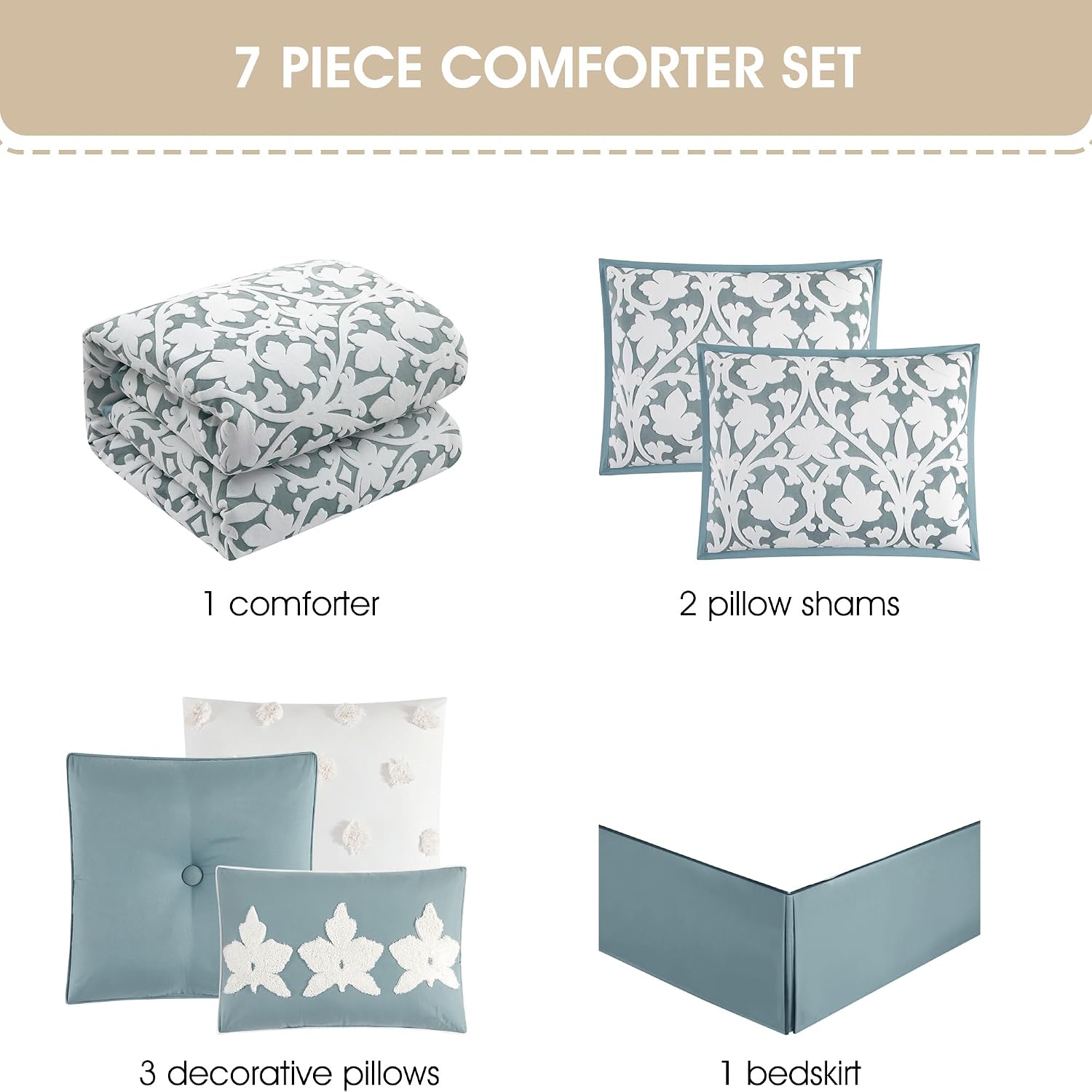 Grand Avenue 7 Piece Blue Comforter Set, California King Size Jacquard Bedding Set, All Season Floral Leaves Bedding, Matching Pillows, Shams, Bed Skirt
