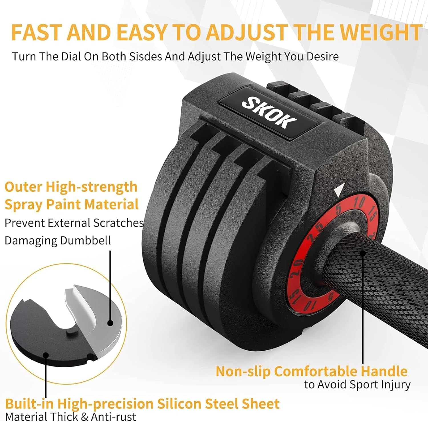 SKOK 25/55 lbs Pair Adjustable Dumbbells Set, Adjustable Weights Dumbbells Set for Men and Women with Anti-Slip Fast Adjust Weight by Turning Handle Dumbbell with Tray