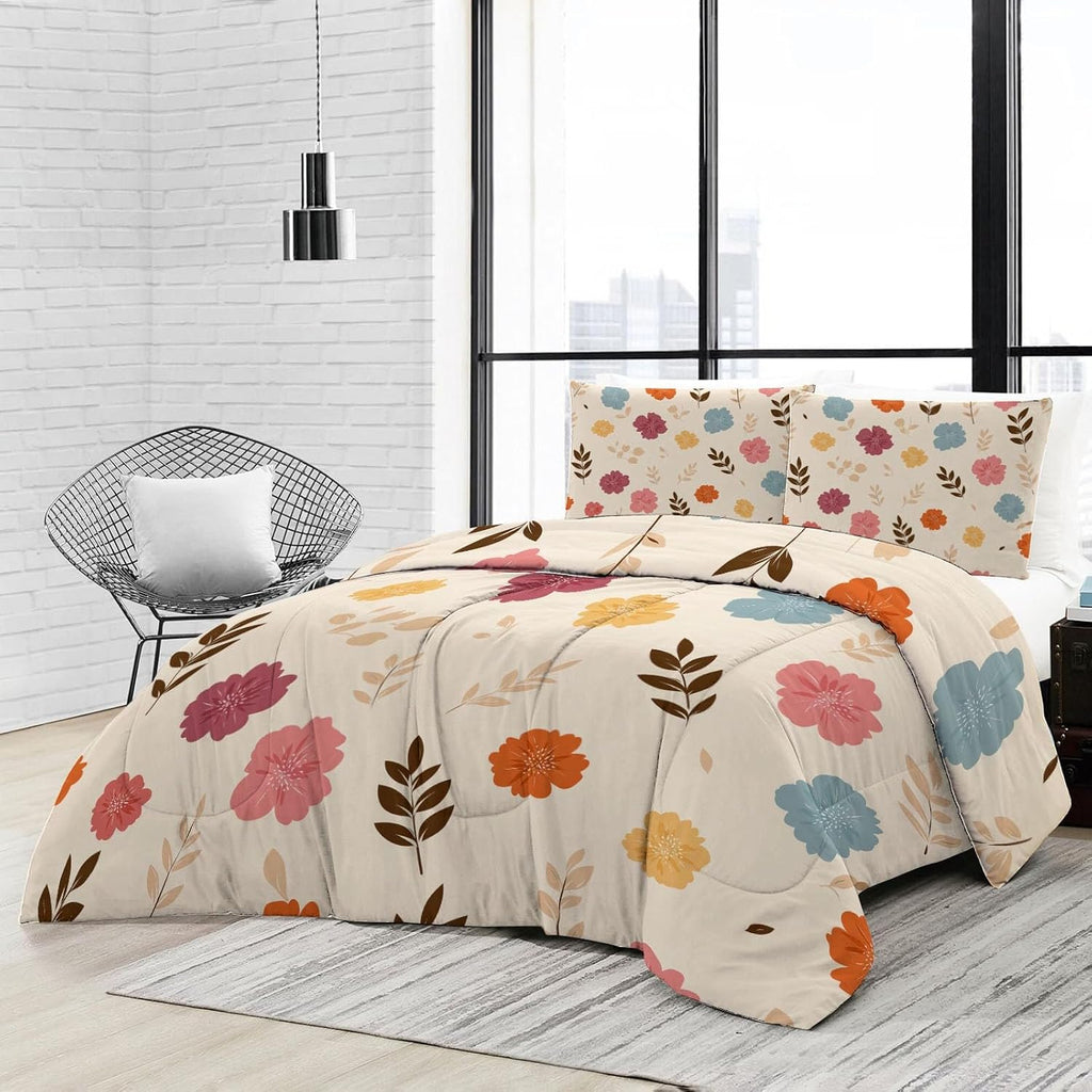 Beige Reversible Comforter Set King, Hand Drawn Plants Flowers Printed Comforter Set 3-Piece with 1 Comforter & 2 Pillowcases, Soft Microfiber Quilted Bedding for All Season